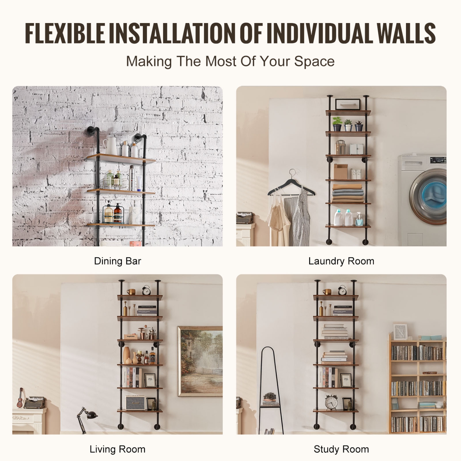 Étagère pour tuyau industriel VEVOR à 6 niveaux, 24 9,84&nbsp;po tablettes murales rustiques, étagère de rangement pour articles de salle de bain,