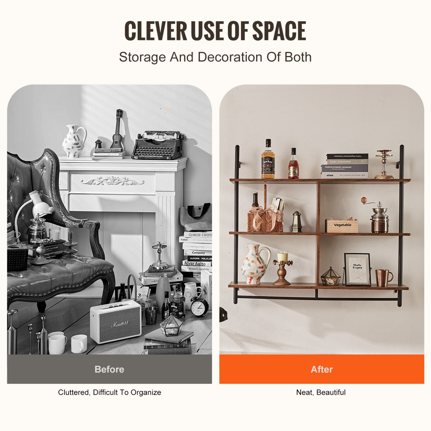 Étagère pour tuyau industriel VEVOR à 3 niveaux, 9,84&nbsp;po 41.5, étagère murale flottante en bois rustique Support pour étagère, support de