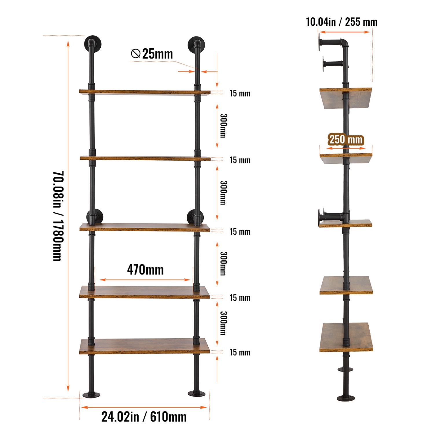 Étagère pour tuyau industriel VEVOR à 5 niveaux, 24 9,84&nbsp;po tablettes murales rustiques, étagère de rangement pour articles de salle de bain,