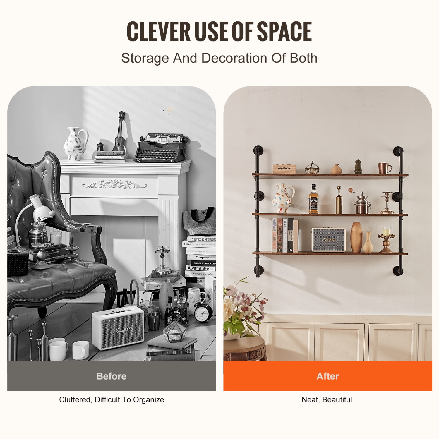 Étagère pour tuyau industriel VEVOR à 3 niveaux, 48 9,84&nbsp;po tablettes murales rustiques, étagère de rangement pour articles de salle de bain,