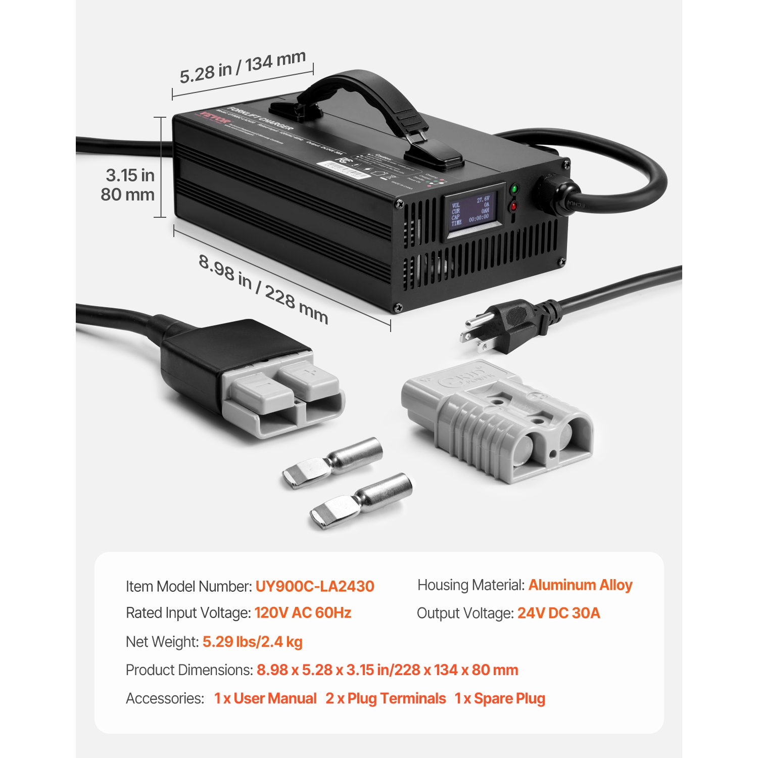 VEVOR 30A Forklift Battery Charger,24V, Smart Fully-Automatic Lead-Acid Battery Charger,24 Volt Trickle Charger with Anderson Plug,Cooling Fan,OLED