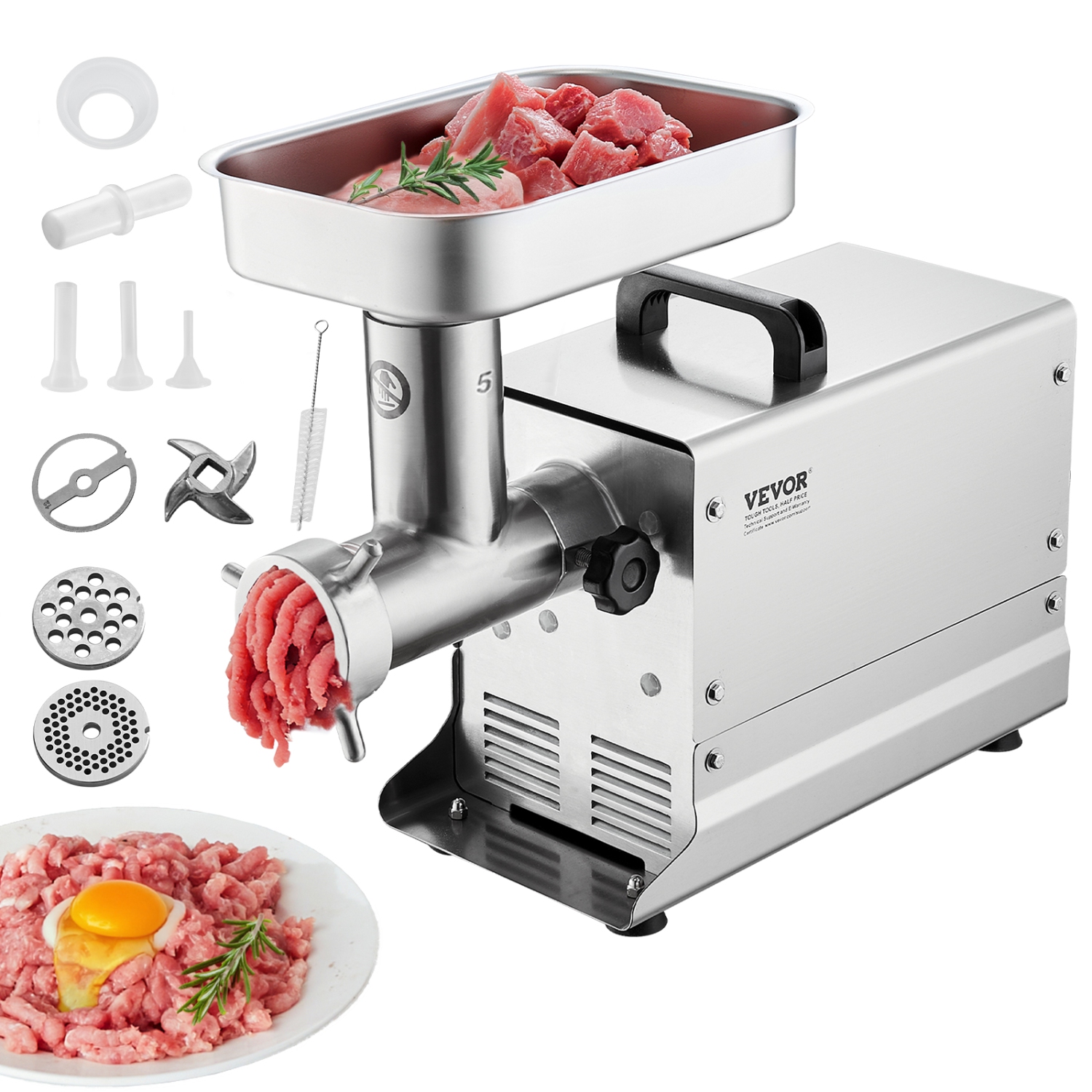 VEVOR 5 Lbs/Min Capacity Meat Grinder, Electric Meat Grinders with Blade, Grinding Plate, Sausage Maker, Stainless Steel Commercial Meat Mincer for