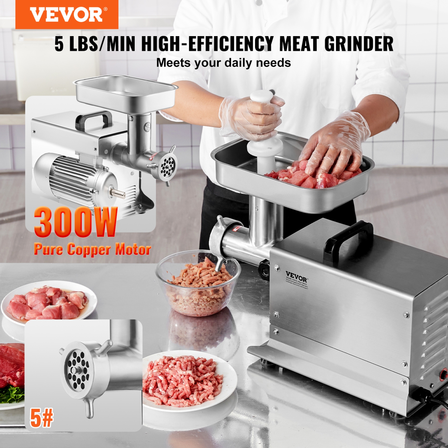 VEVOR 5 Lbs/Min Capacity Meat Grinder, Electric Meat Grinders with Blade, Grinding Plate, Sausage Maker, Stainless Steel Commercial Meat Mincer for