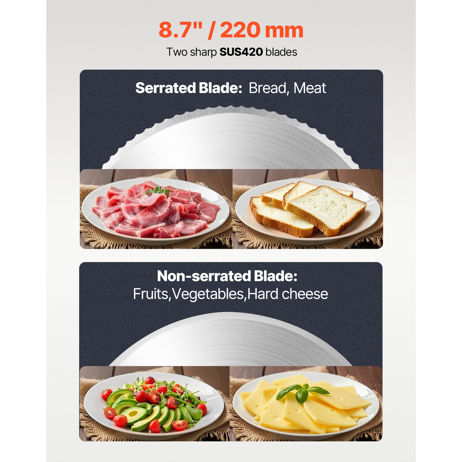 VEVOR 8.7 inch Meat Slicer, Electric Deli Food Slicer, 180W Meat Cutter with Two Premium SUS420 Blades, 0-0.6 inch Adjustable Thickness, Food Slicer