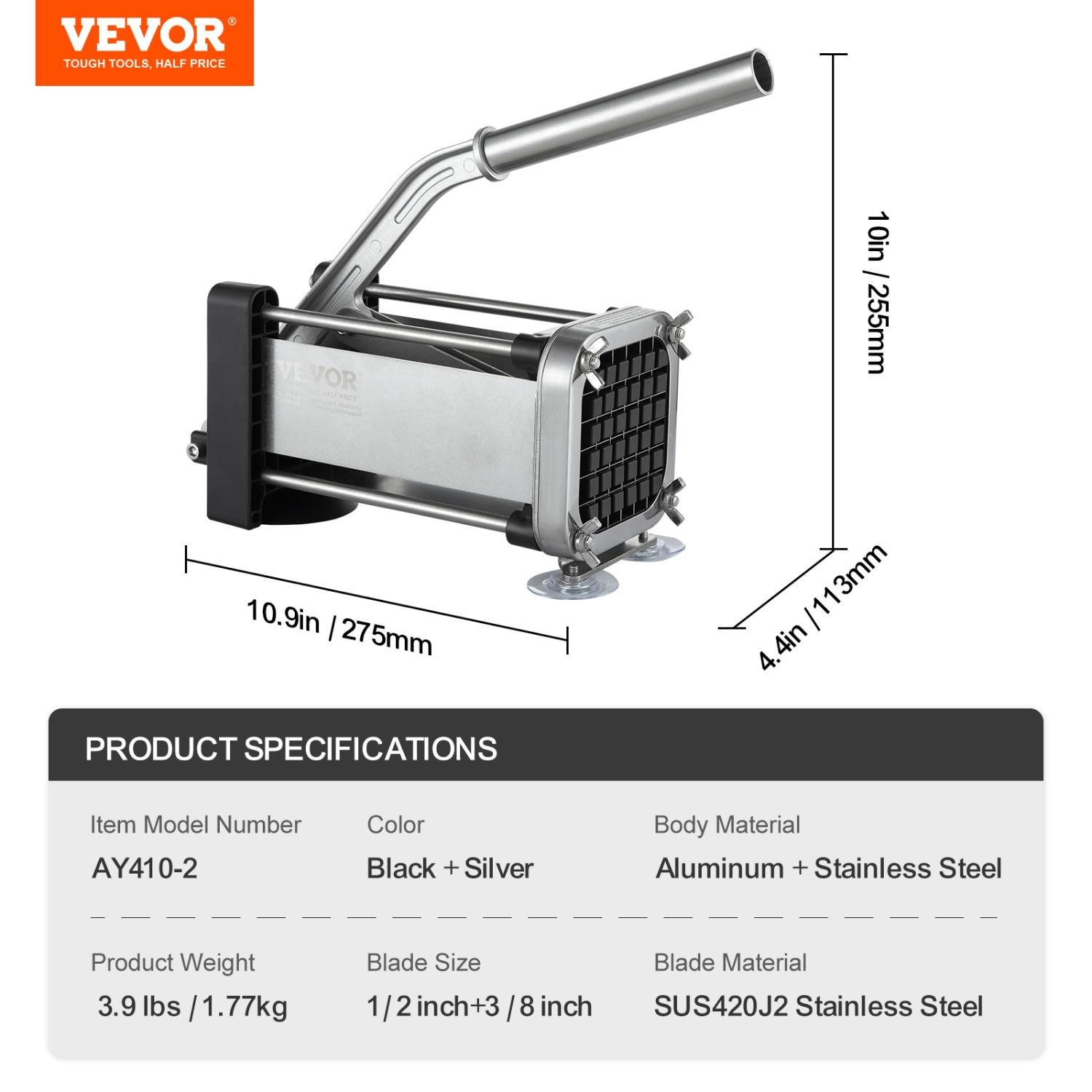 VEVOR French Fry Cutter, Potato Slicer with 1/2-Inch and 3/8-Inch Stainless Steel Blades, Manual Potato Cutter Chopper with Suction Cups, Great for