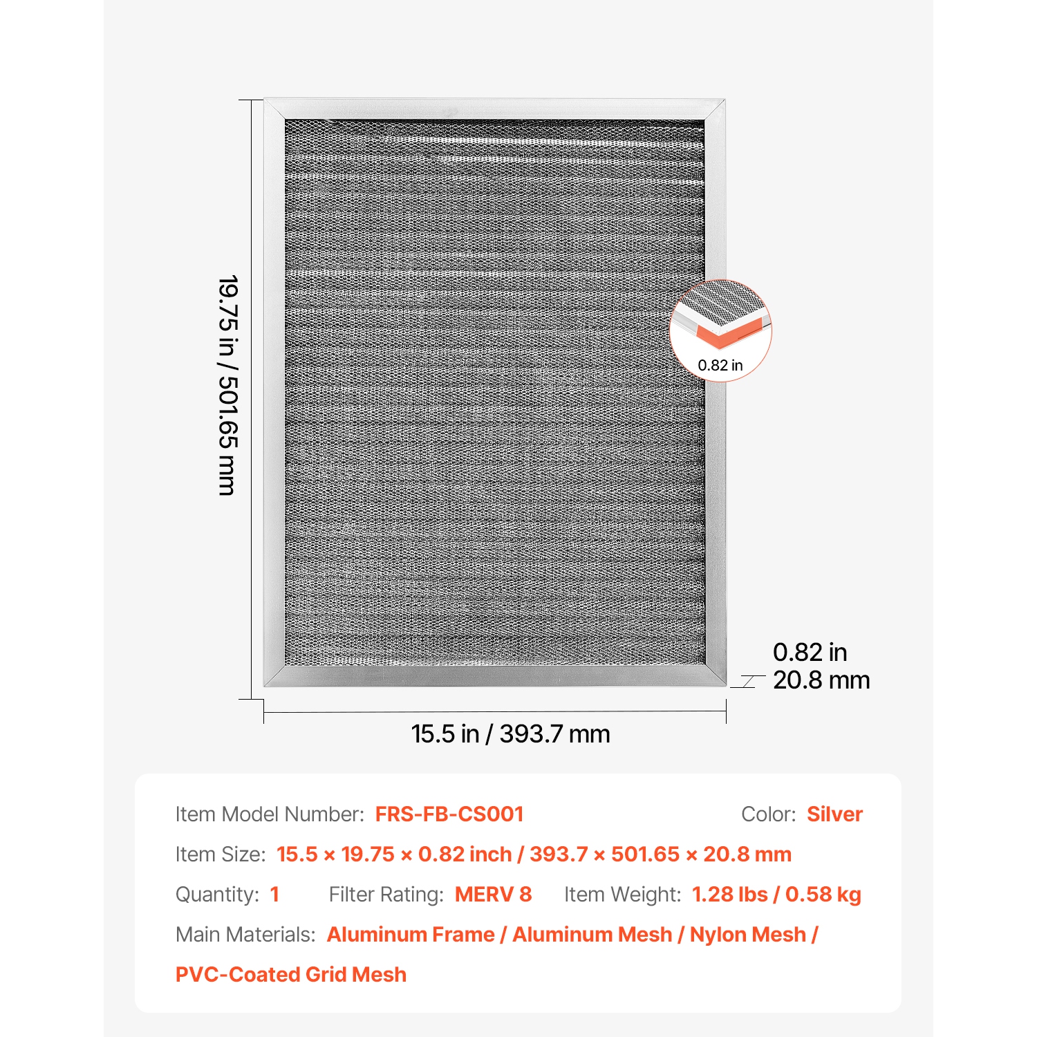 VEVOR 16x20x1 inch Electrostatic Air Filter, Washable & Reusable Aluminum AC/HVAC Furnace Filter, MERV 8 Long Lifetime, Home or Office