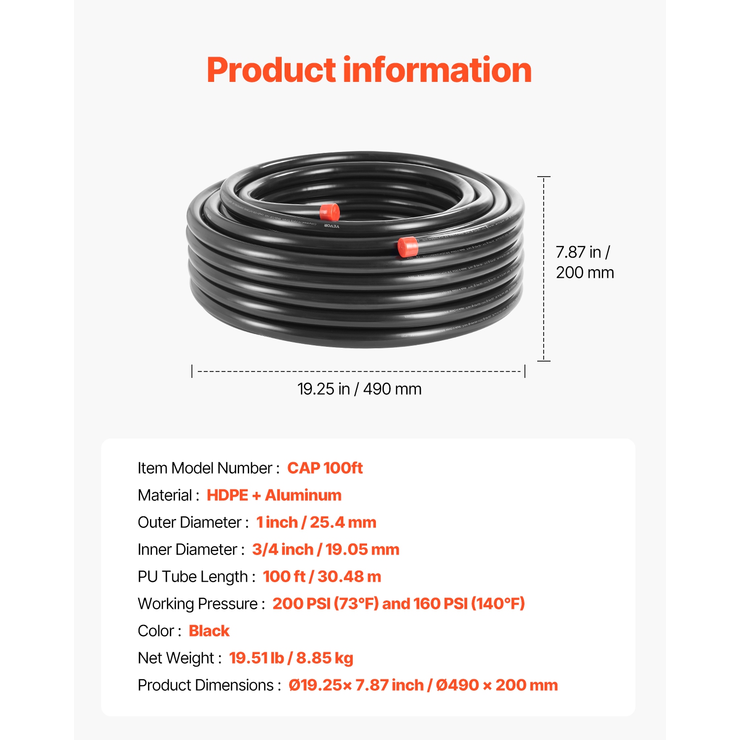VEVOR 100FT x 3/4" HDPE-Aluminum Compressed Air Piping System, Leak-Proof, Pressure-Resistant & Easy-to-Install, Compressed Air Line Tubing Kit for