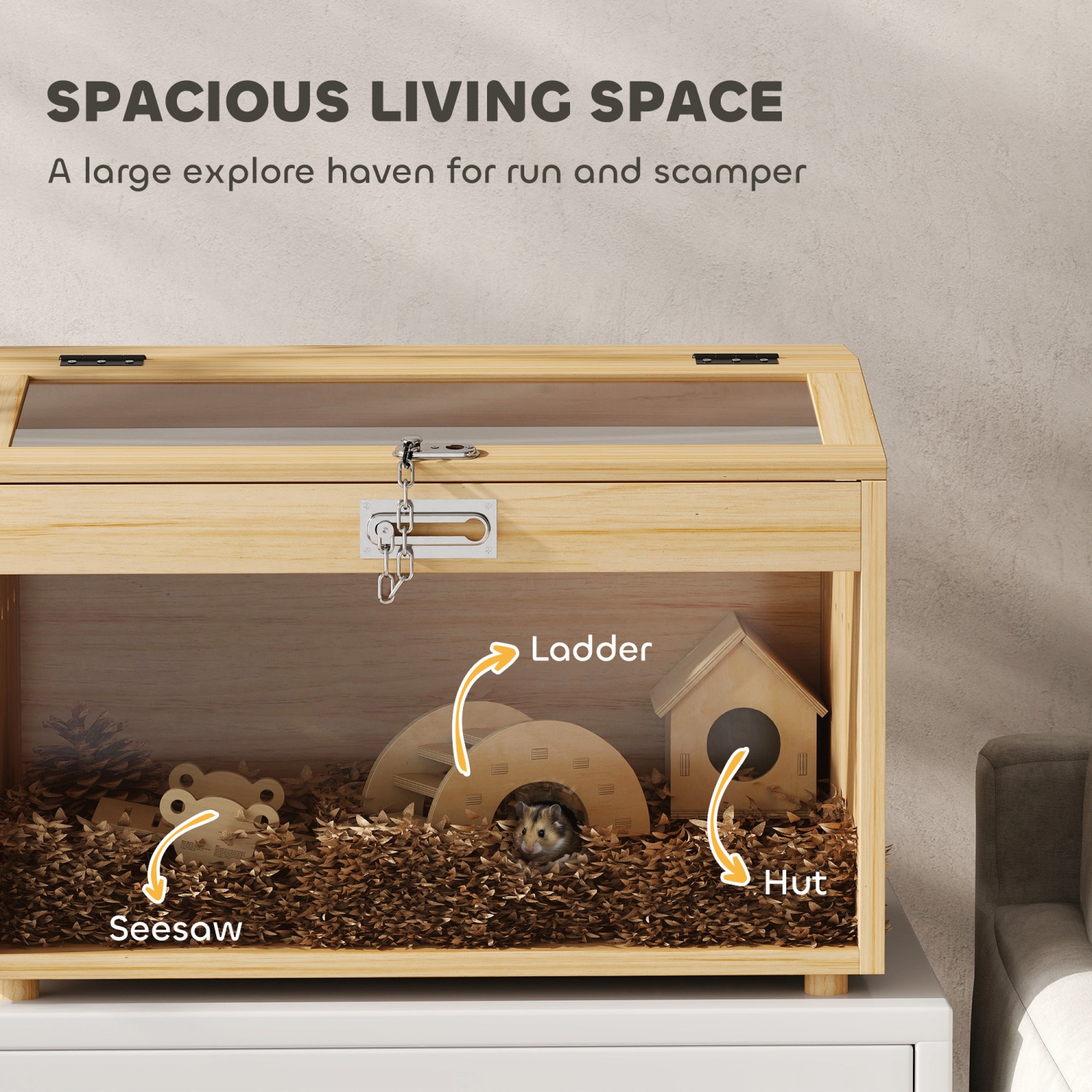 PawHut 22"L Hamster Cage, Small Animal Cage with Openable Top & Transparent Acrylic Windows, Hamster Enclosure with Hut, Seesaw, Ladder, for Dwarf