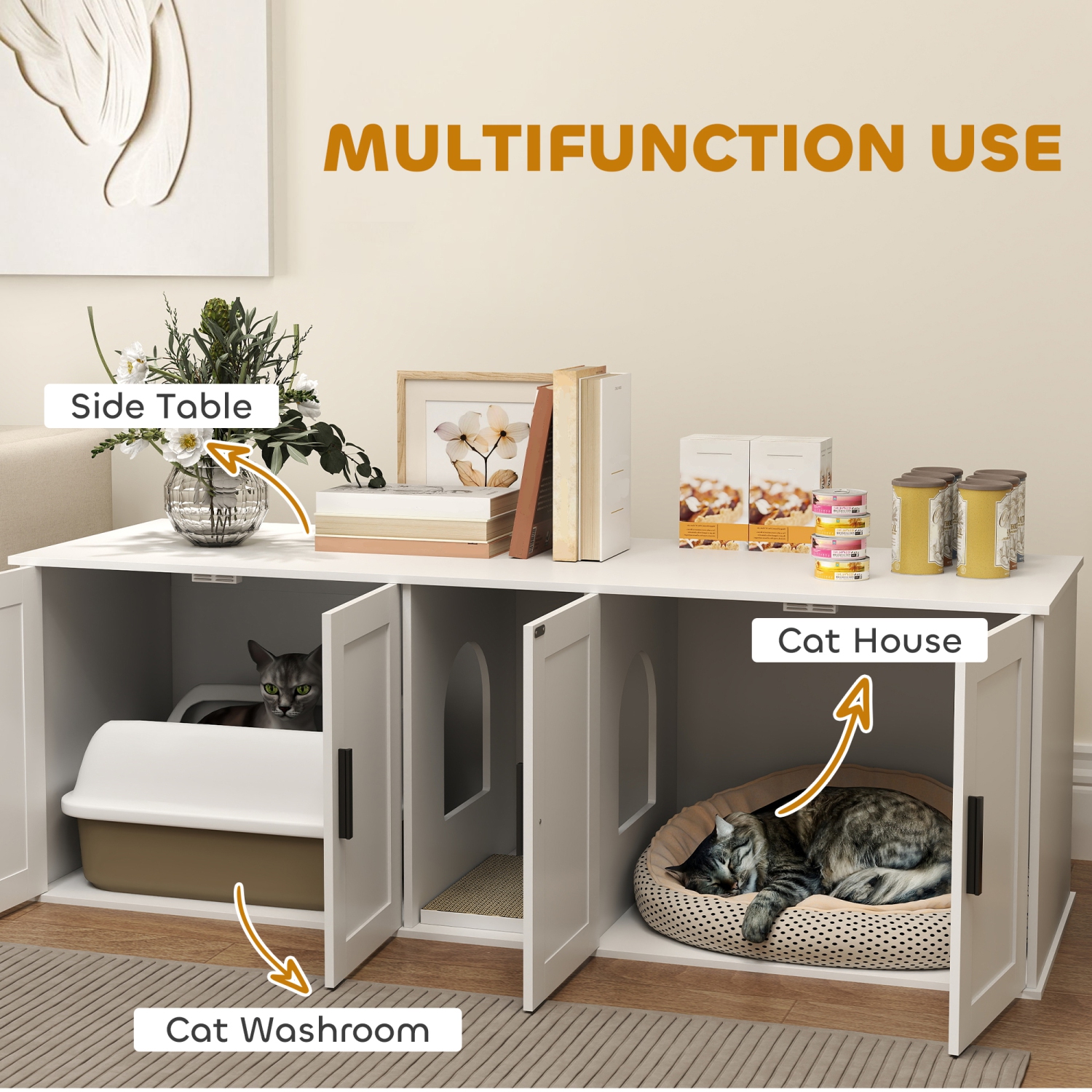 PawHut Cat Litter Box Enclosure for 2 Cats, 145 cm Hidden Litter Box Furniture with Double Room, Scratching Board, Indoor Cat House Washroom End