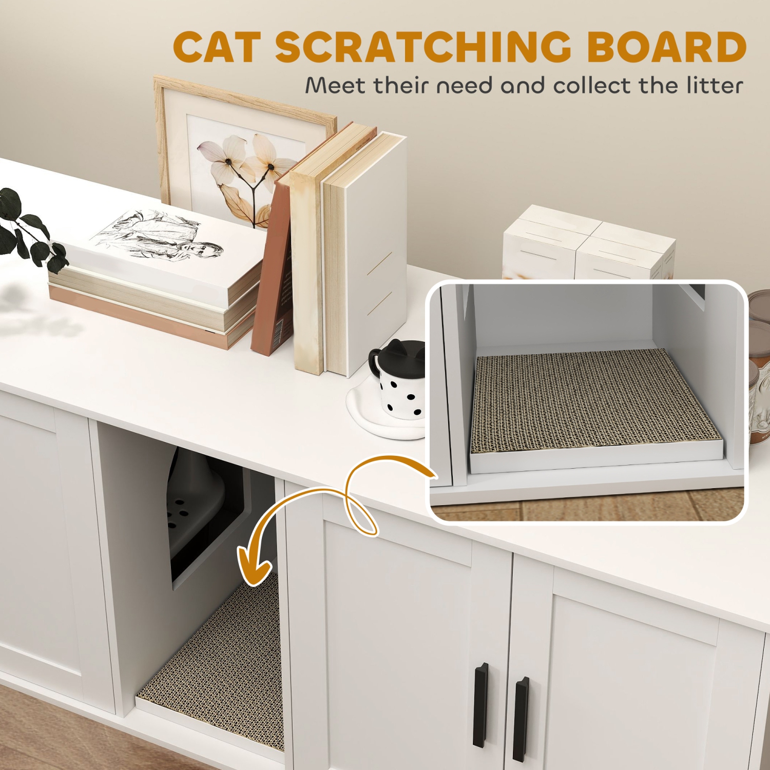 PawHut Cat Litter Box Enclosure for 2 Cats, 145 cm Hidden Litter Box Furniture with Double Room, Scratching Board, Indoor Cat House Washroom End