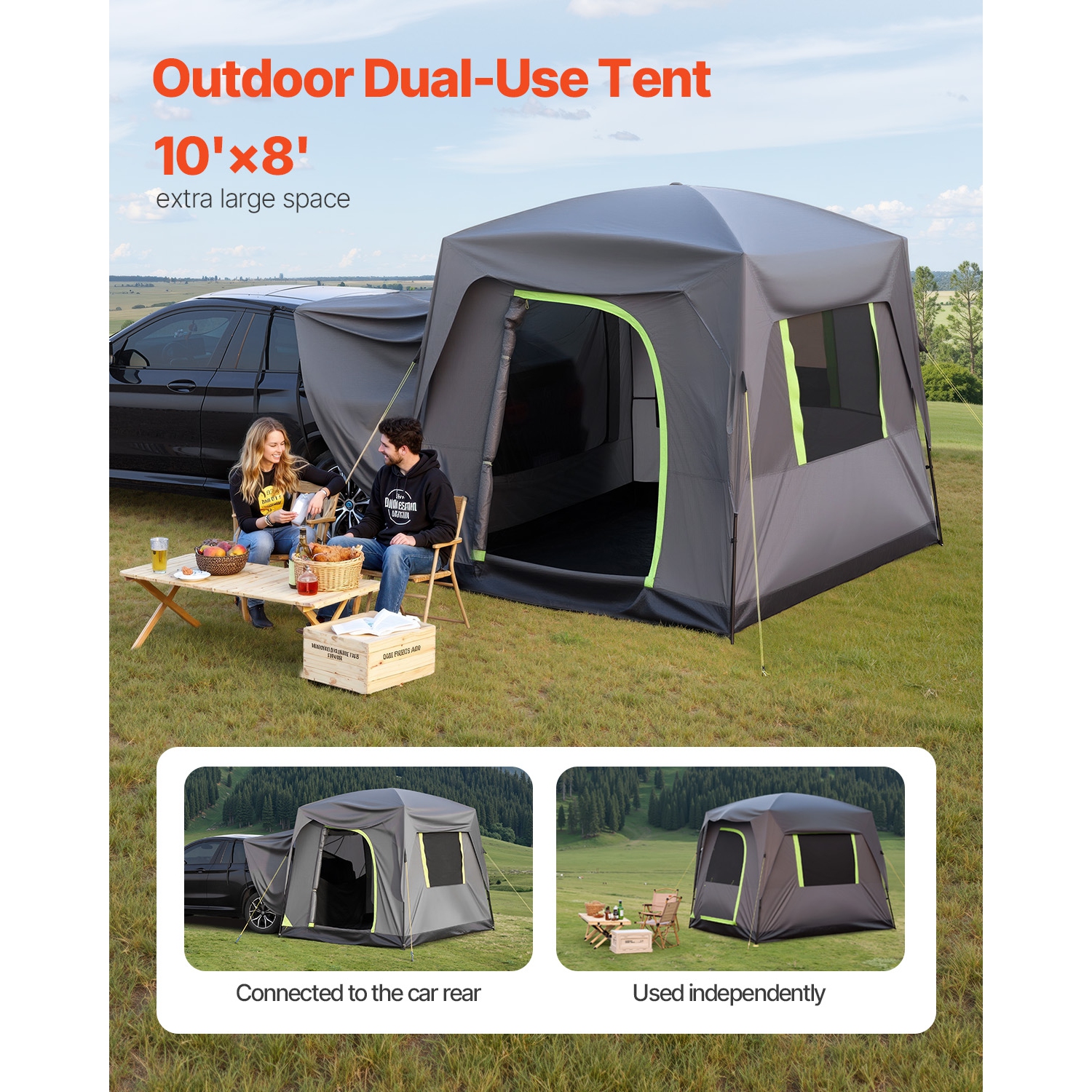 VEVOR 10FT L x 8FT W SUV Tent for Camping, Waterproof PU2000mm Spacious Double Layer Design for 5-8 Person, SUV Camping Tent with Mesh Windows,