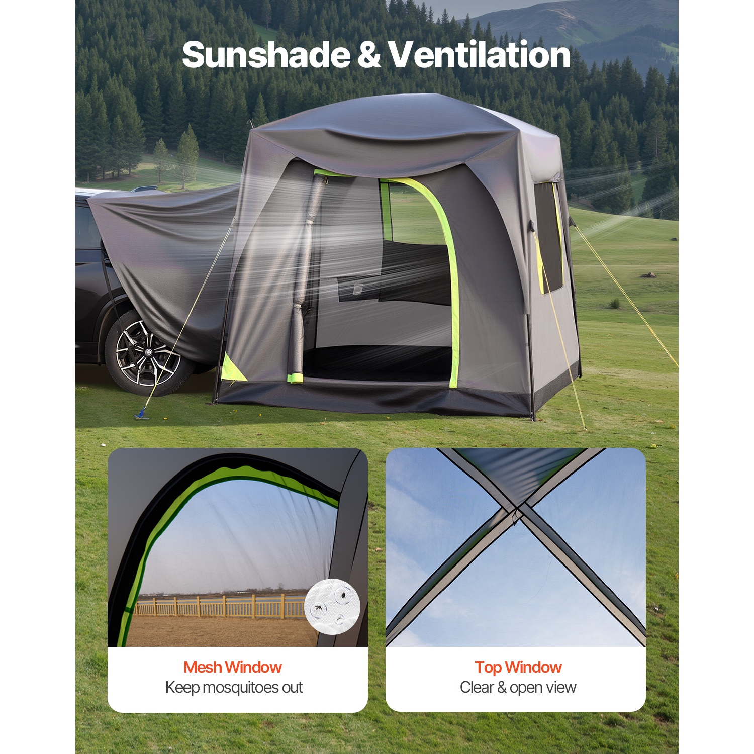 VEVOR 10FT L x 8FT W SUV Tent for Camping, Waterproof PU2000mm Spacious Double Layer Design for 5-8 Person, SUV Camping Tent with Mesh Windows,
