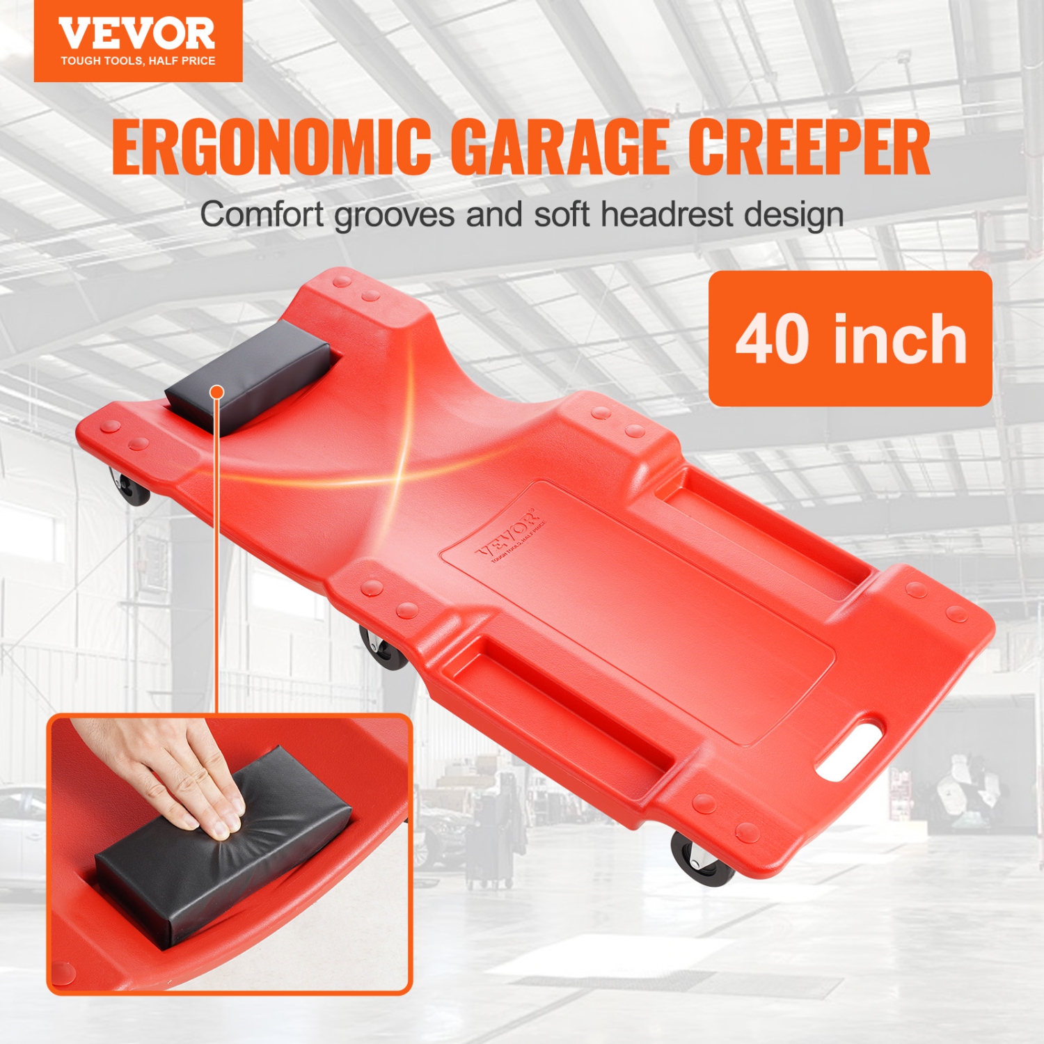 VEVOR 40-Inch Mechanic Plastic Creeper, 350 lbs Capacity Automotive Rolling Garage Creeper with Molded Ergonomic HDPE Body Padded Headrest & Dual