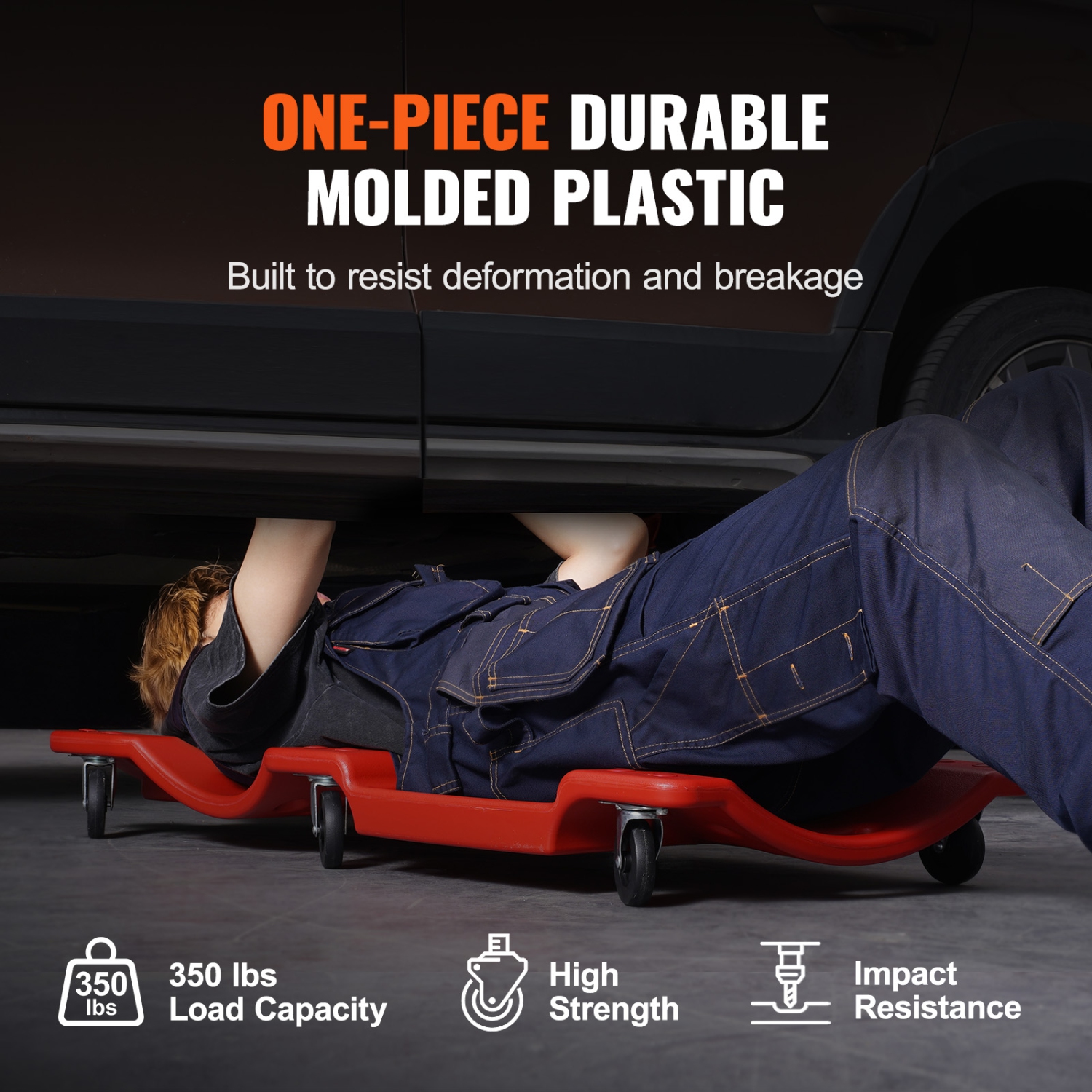 VEVOR 40-Inch Mechanic Plastic Creeper, 350 lbs Capacity Automotive Rolling Garage Creeper with Molded Ergonomic HDPE Body Padded Headrest & Dual