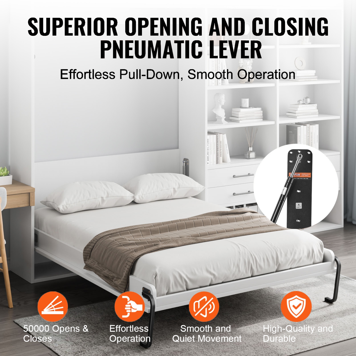 VEVOR Murphy Bed Kit, Full Size, Vertical Deluxe DIY Wall Bed Mechanical Hardware Kit, Pneumatic Lever Heavy Duty Bed Frame Support, Folding Cabinet