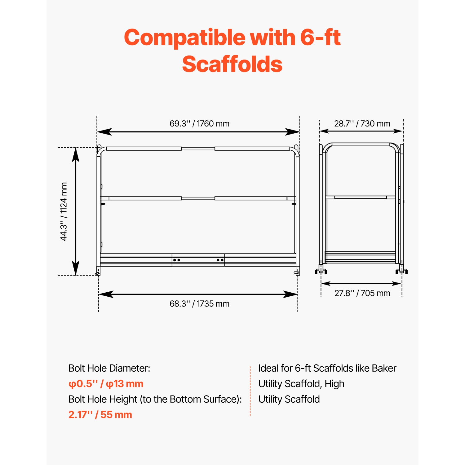 VEVOR 6 Foot Scaffolding Safety Guardrail, Rustproof Solid Carbon Steel, 55.4 lbs Load Capacity, Baker Style Metal Guardrails Accessory System for