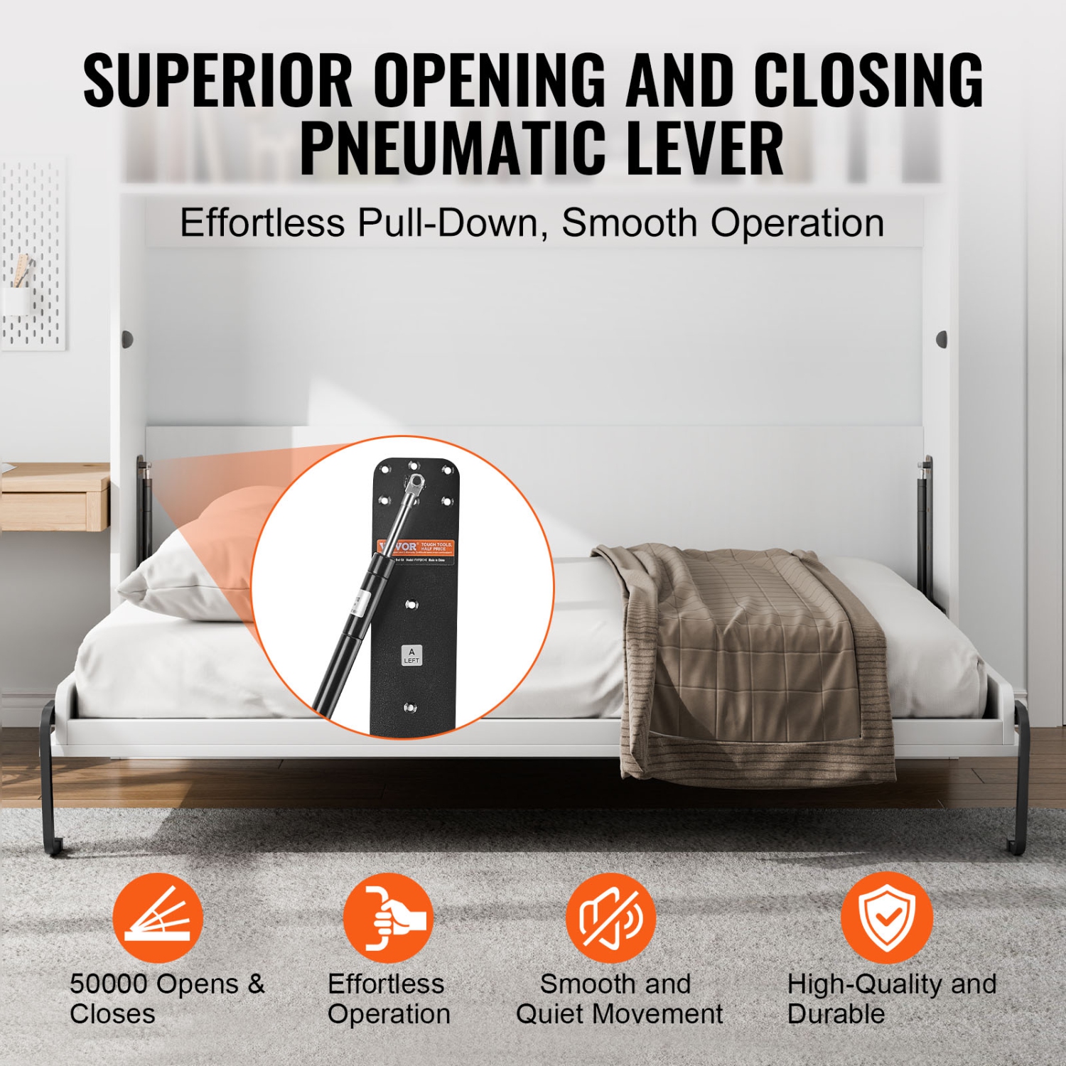 VEVOR Murphy Bed Kit, Full Size, Deluxe DIY Wall Bed Mechanical Hardware Kit, Pneumatic Lever Heavy Duty Bed Frame Support, Folding Cabinet Wall Bed