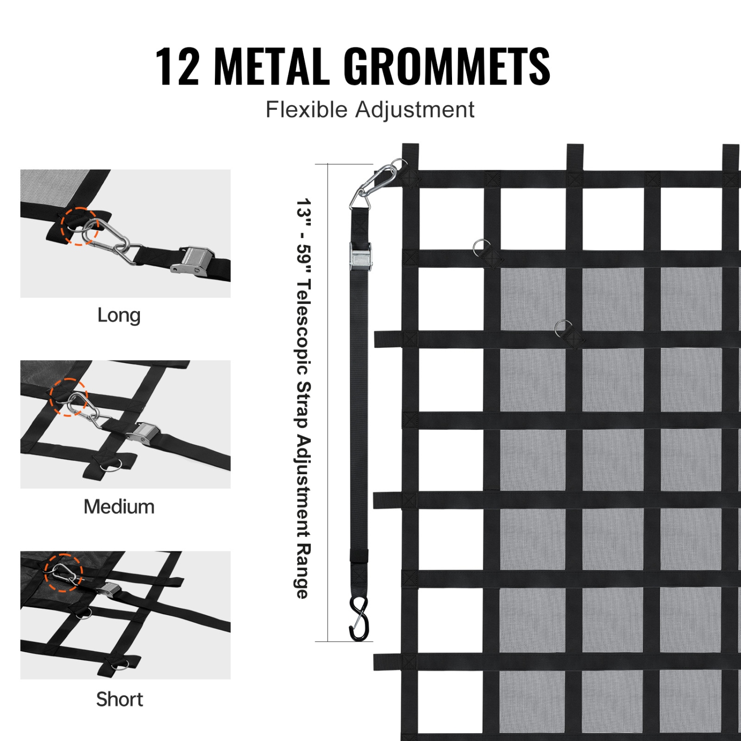 VEVOR 72 in x 57 in Truck Cargo Net for Truck Bed, 4 Adjustable Straps with Carabiners & S-Hooks, Wear-resistant & Weather-proof, Suitable for