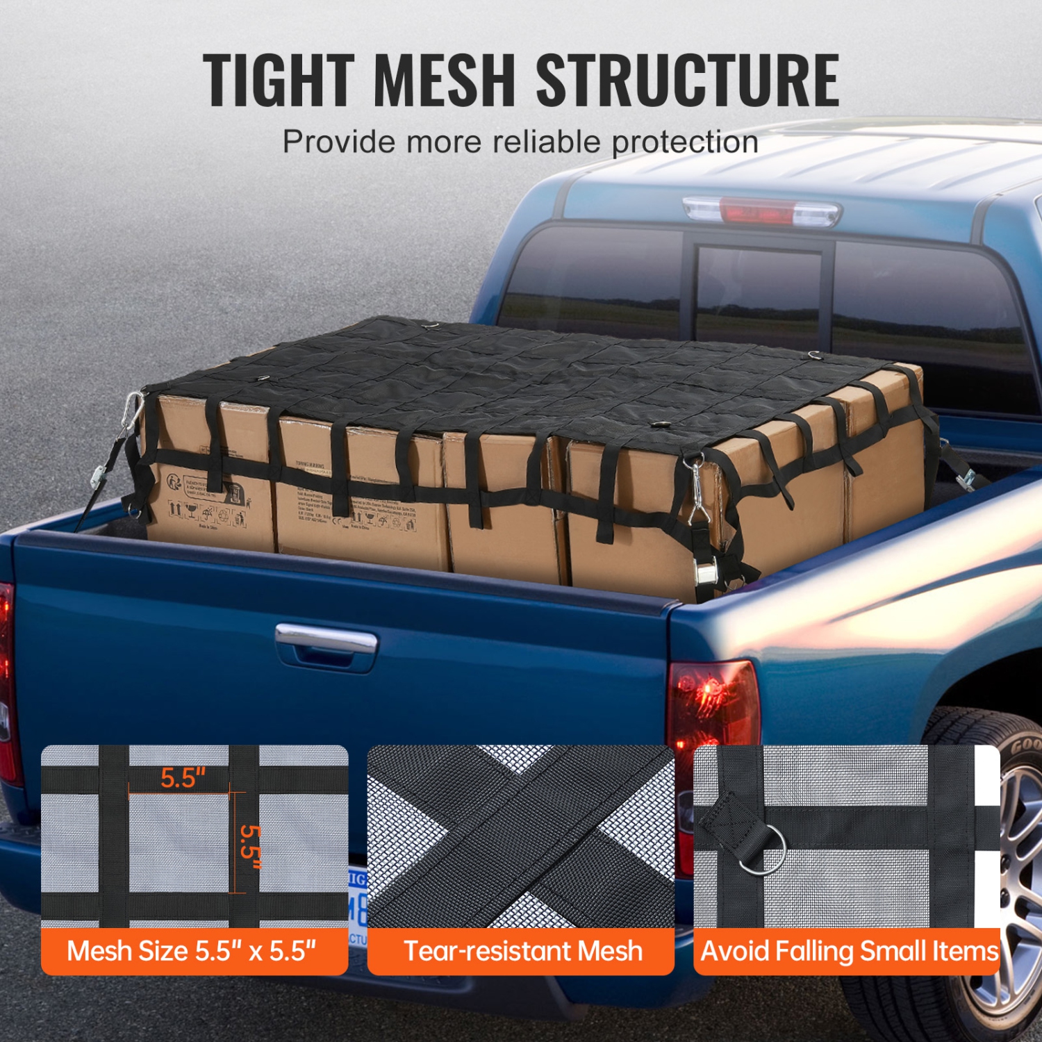 VEVOR 72 in x 57 in Truck Cargo Net for Truck Bed, 4 Adjustable Straps with Carabiners & S-Hooks, Wear-resistant & Weather-proof, Suitable for