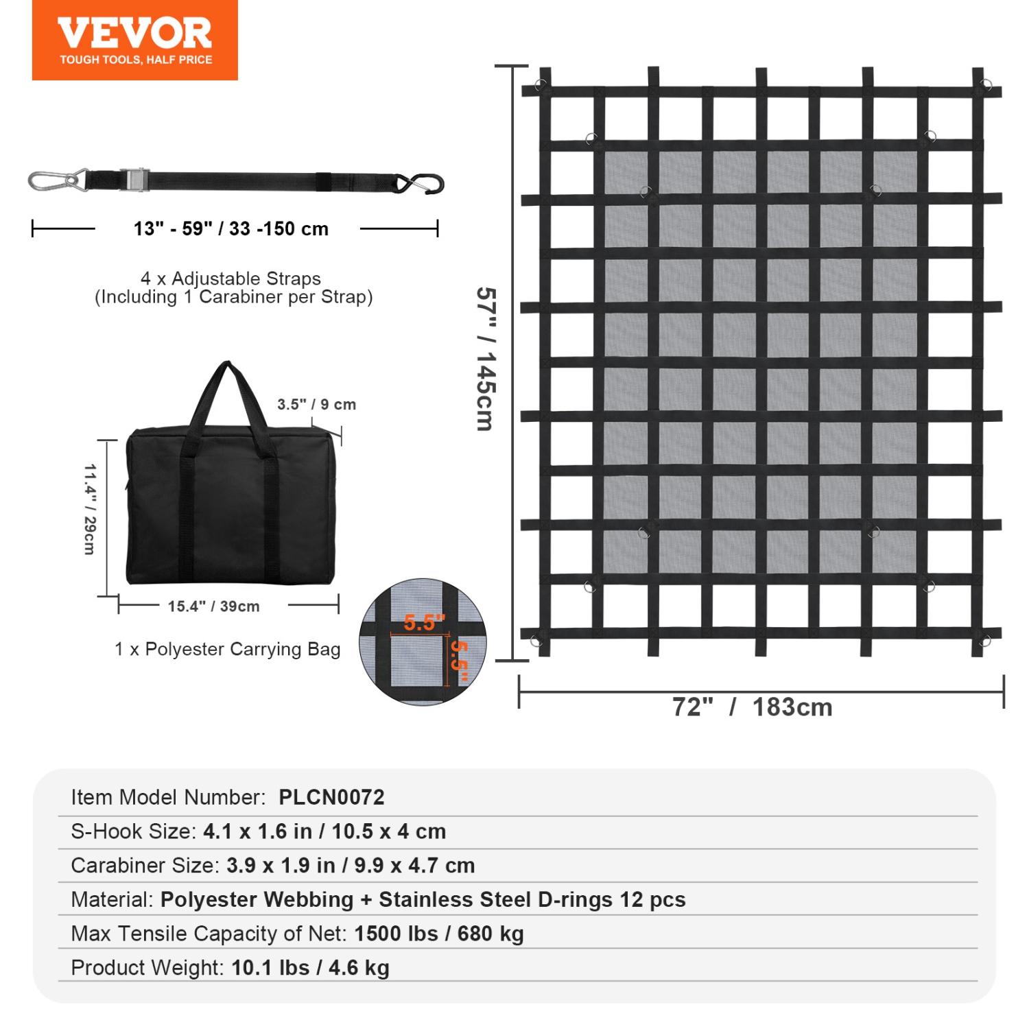 VEVOR 72 in x 57 in Truck Cargo Net for Truck Bed, 4 Adjustable Straps with Carabiners & S-Hooks, Wear-resistant & Weather-proof, Suitable for