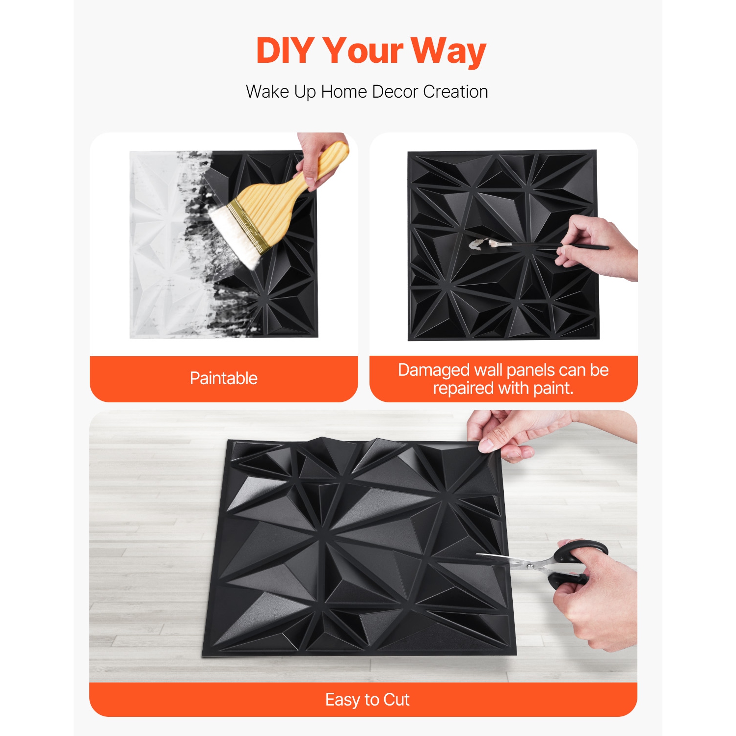 VEVOR 33-Pack 3D Wall Panels, 11.81 x 11.81 in PVC Modern Art Minimalist Diamond Tiles, 32 Sq.Ft Coverage Accent Wall Panel, Interior Home Decor for