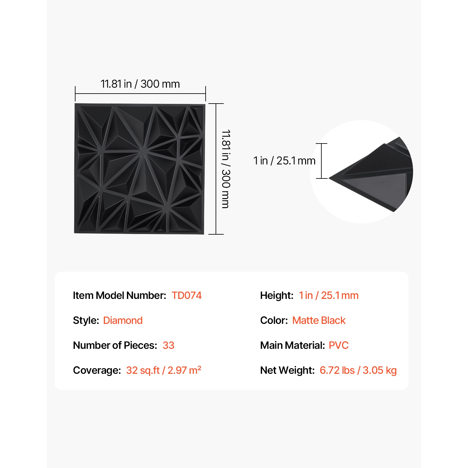 VEVOR 33-Pack 3D Wall Panels, 11.81 x 11.81 in PVC Modern Art Minimalist Diamond Tiles, 32 Sq.Ft Coverage Accent Wall Panel, Interior Home Decor for