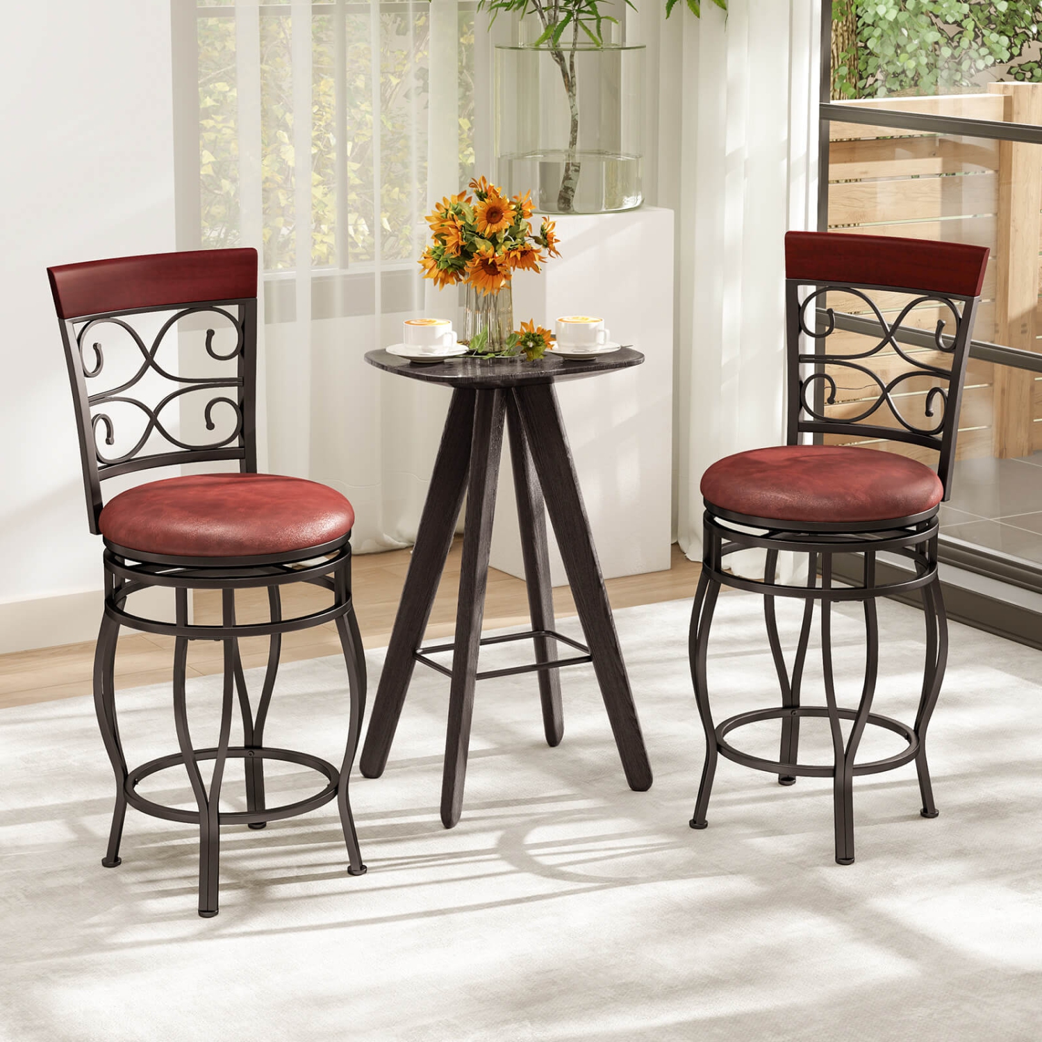 Costway Set of 2/4 Vintage Swivel Bar Stools 26" Bistro Upholstered Dining Chairs Black