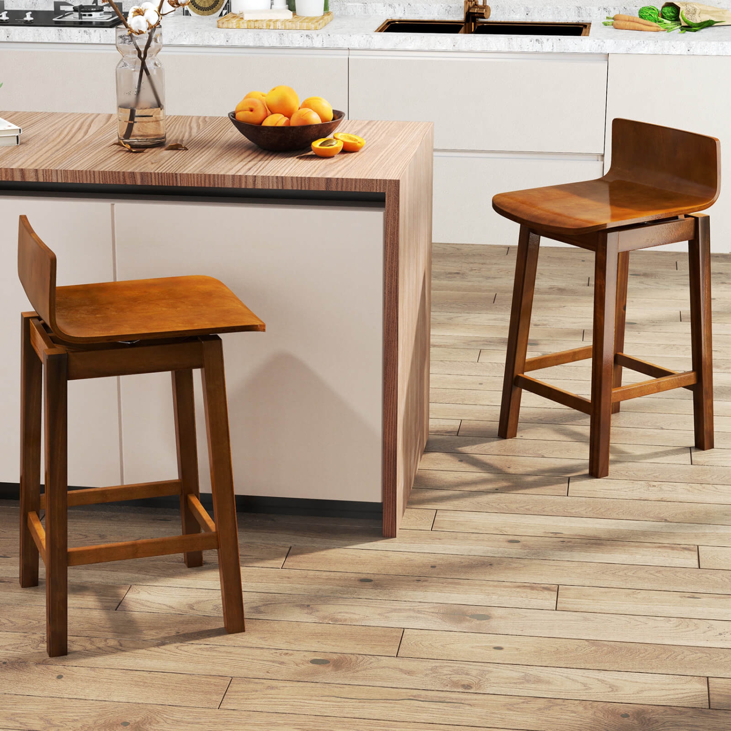 Costway 24.5" Counter Height Bar Stools Set of 2/4 with Footrest Solid Rubber Wood Legs