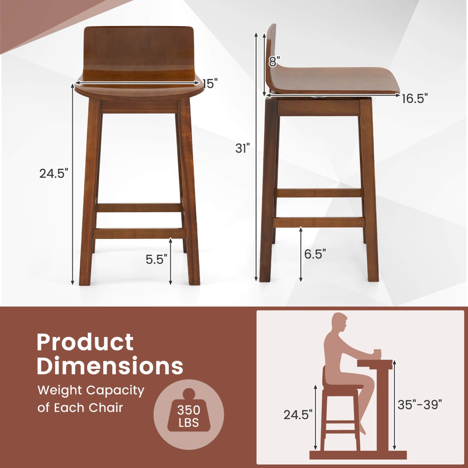 Costway 24.5" Counter Height Bar Stools Set of 2/4 with Footrest Solid Rubber Wood Legs