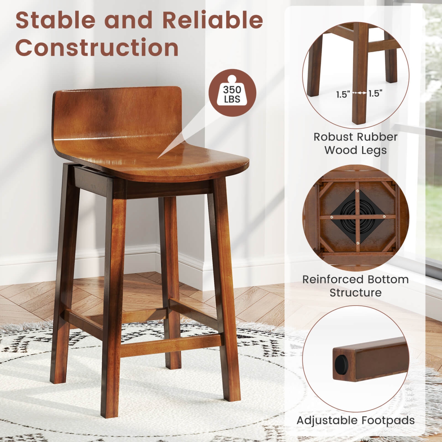 Costway 24.5" Counter Height Bar Stools Set of 2/4 with Footrest Solid Rubber Wood Legs