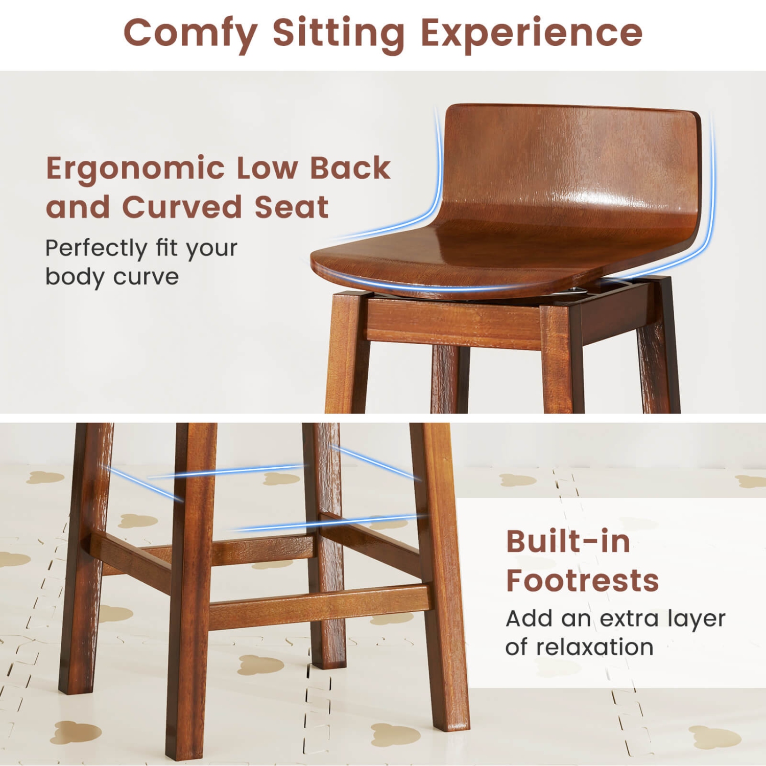 Costway 24.5" Counter Height Bar Stools Set of 2/4 with Footrest Solid Rubber Wood Legs