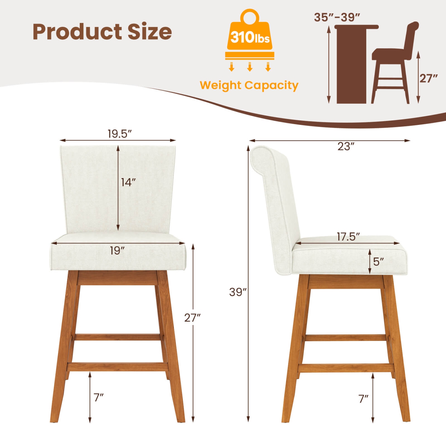 Costway 27" Swivel Bar Stools Set of 2 with Rubber Wood Legs Upholstered Linen Bar Chairs Beige