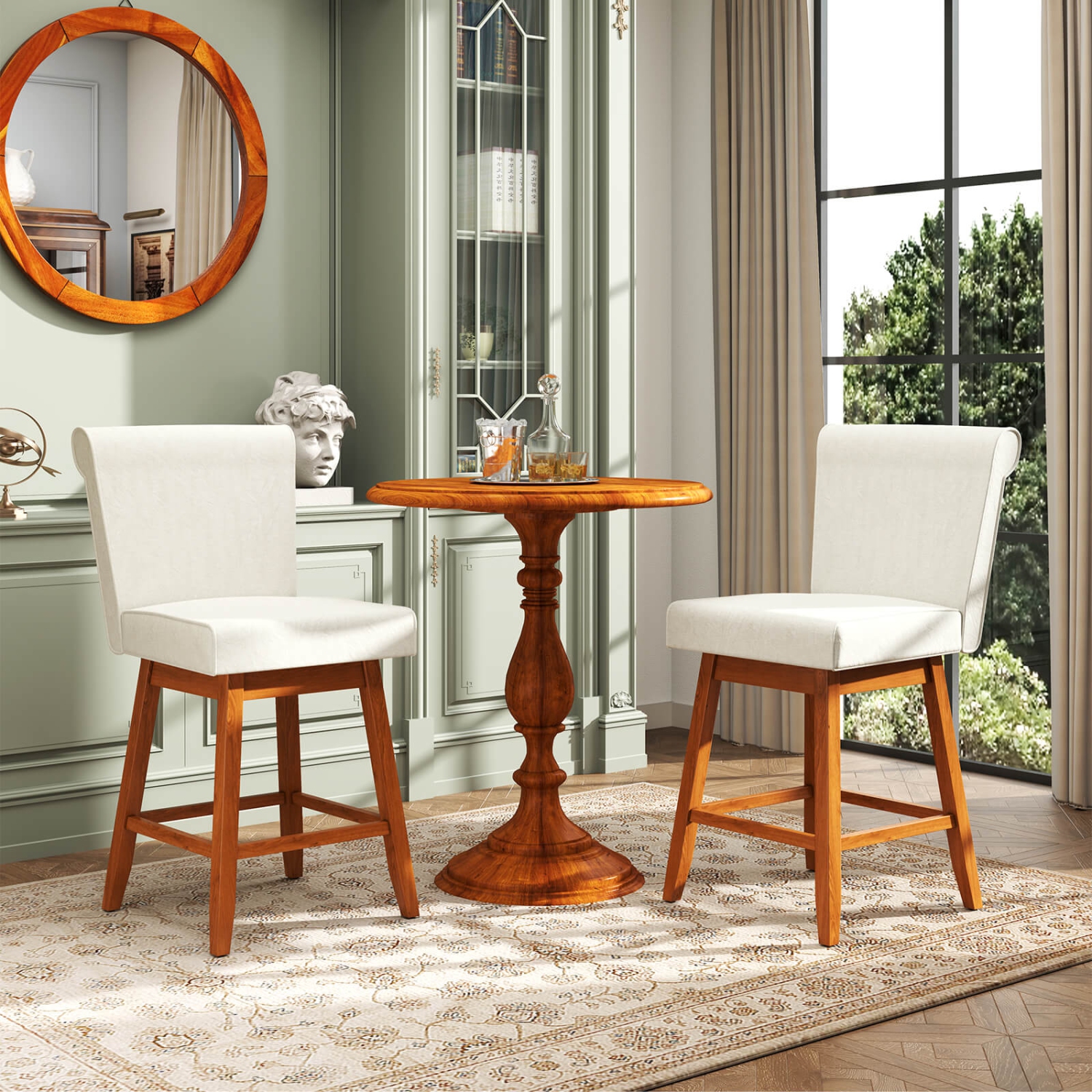 Costway 27" Swivel Bar Stools Set of 2 with Rubber Wood Legs Upholstered Linen Bar Chairs Beige