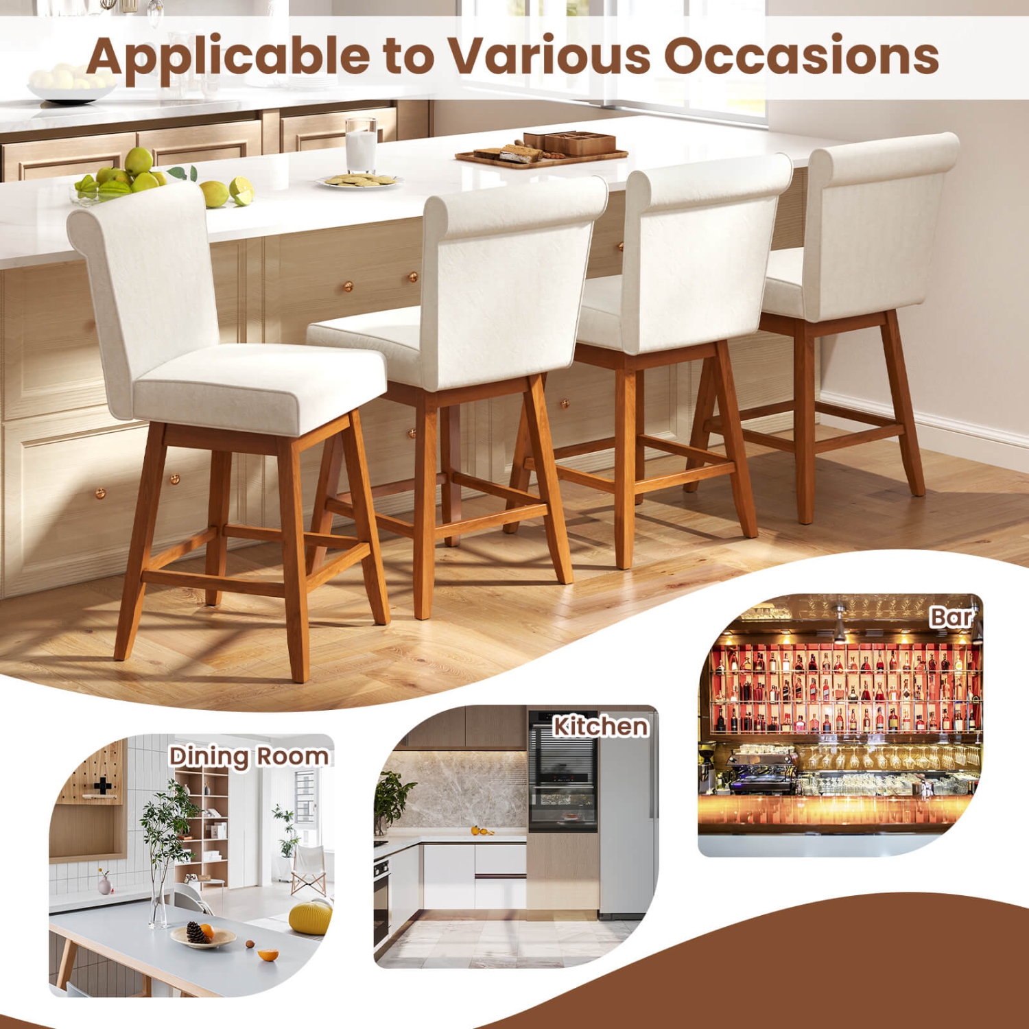 Costway 27" Swivel Bar Stools Set of 2 with Rubber Wood Legs Upholstered Linen Bar Chairs Beige