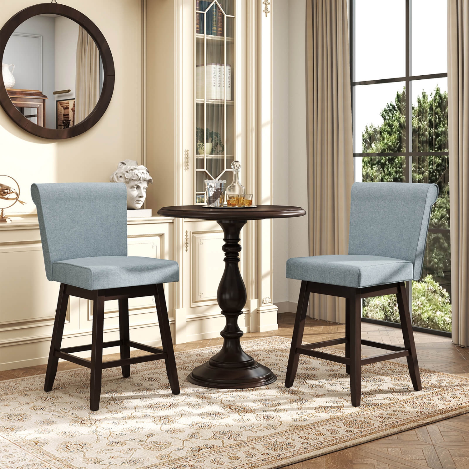 Costway 27" Swivel Bar Stools Set of 2 with Rubber Wood Legs Upholstered Linen Bar Chairs Gray