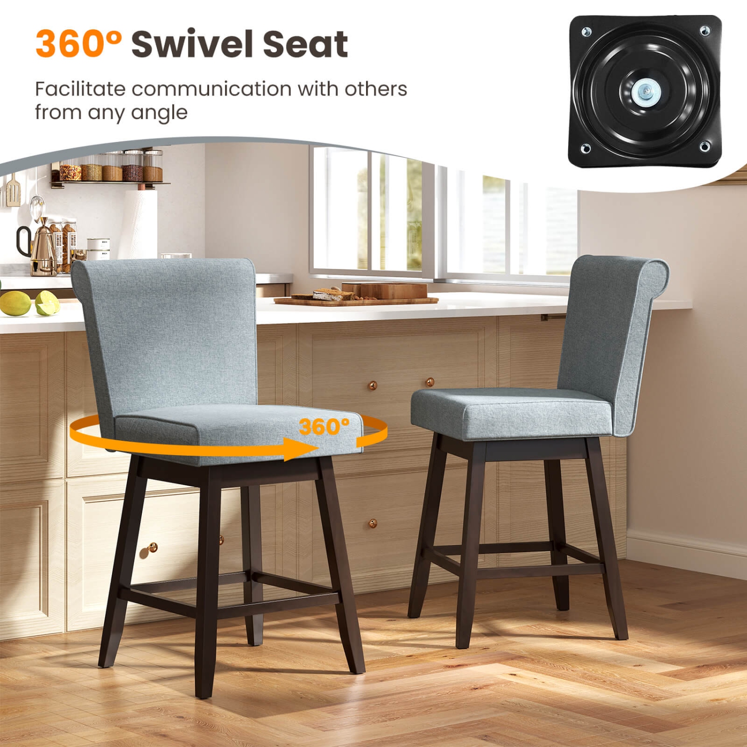 Costway 27" Swivel Bar Stools Set of 2 with Rubber Wood Legs Upholstered Linen Bar Chairs Gray