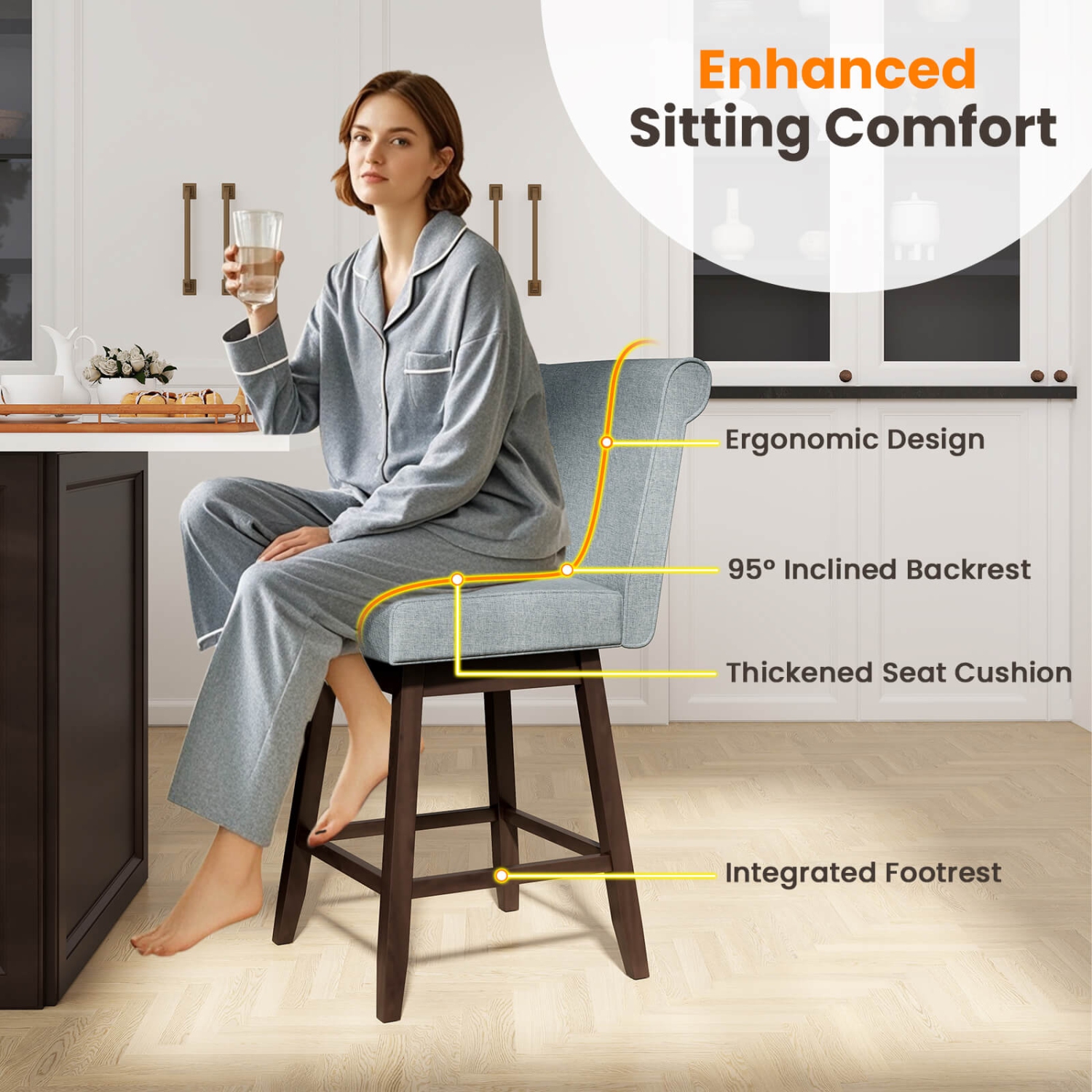 Costway 27" Swivel Bar Stools Set of 2 with Rubber Wood Legs Upholstered Linen Bar Chairs Gray