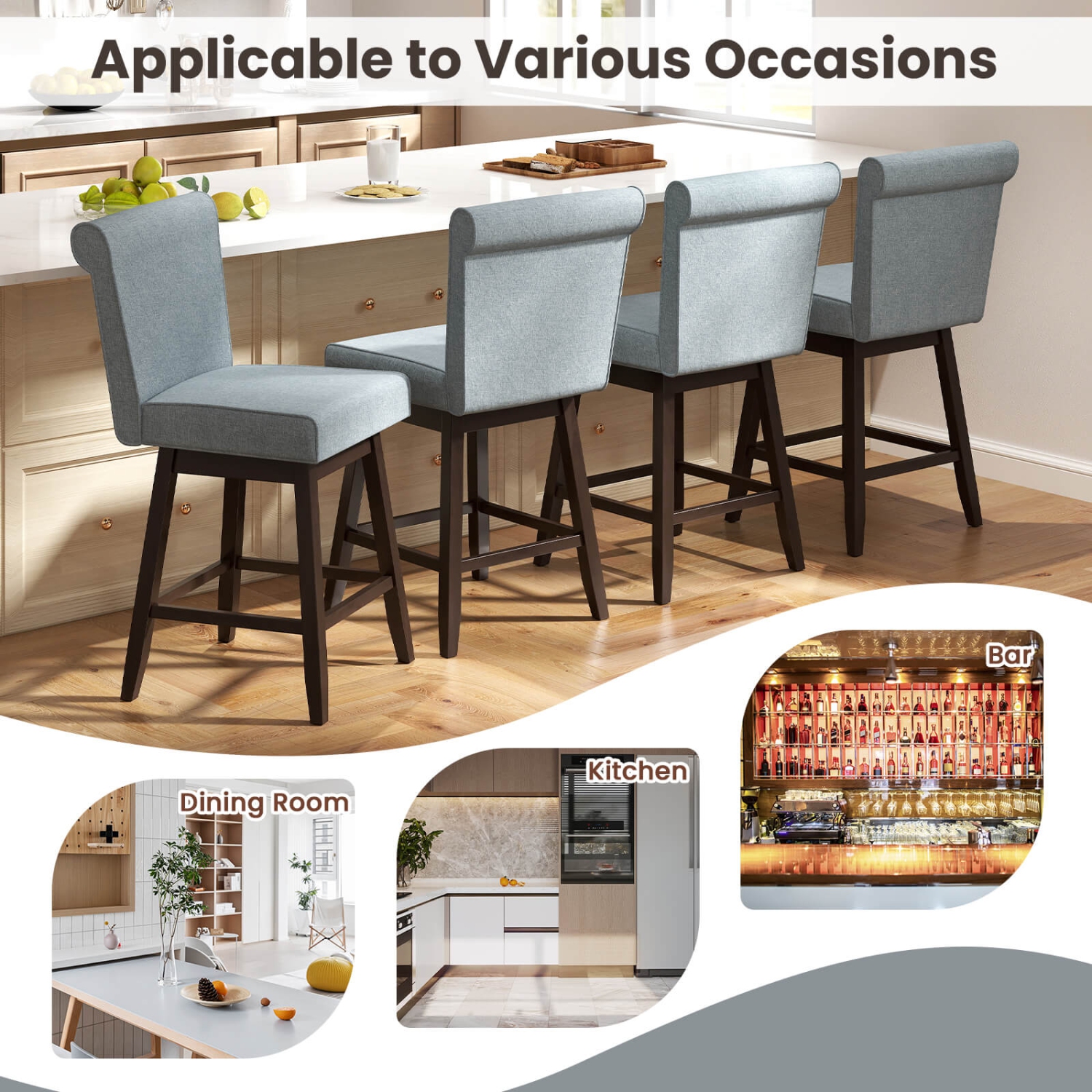 Costway 27" Swivel Bar Stools Set of 2 with Rubber Wood Legs Upholstered Linen Bar Chairs Gray