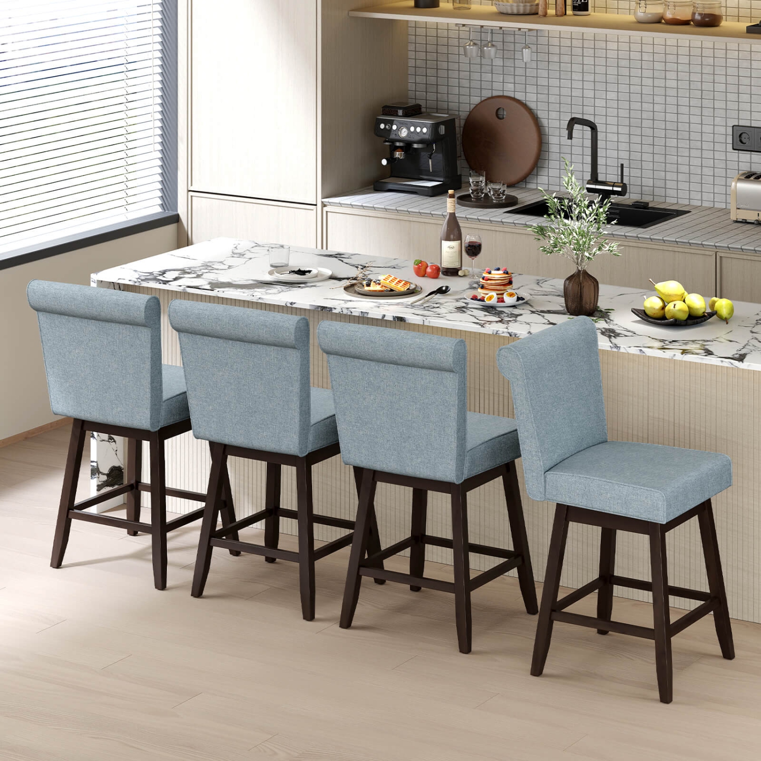 Costway 27" Swivel Bar Stools Set of 4 with Rubber Wood Legs Upholstered Linen Bar Chairs Gray