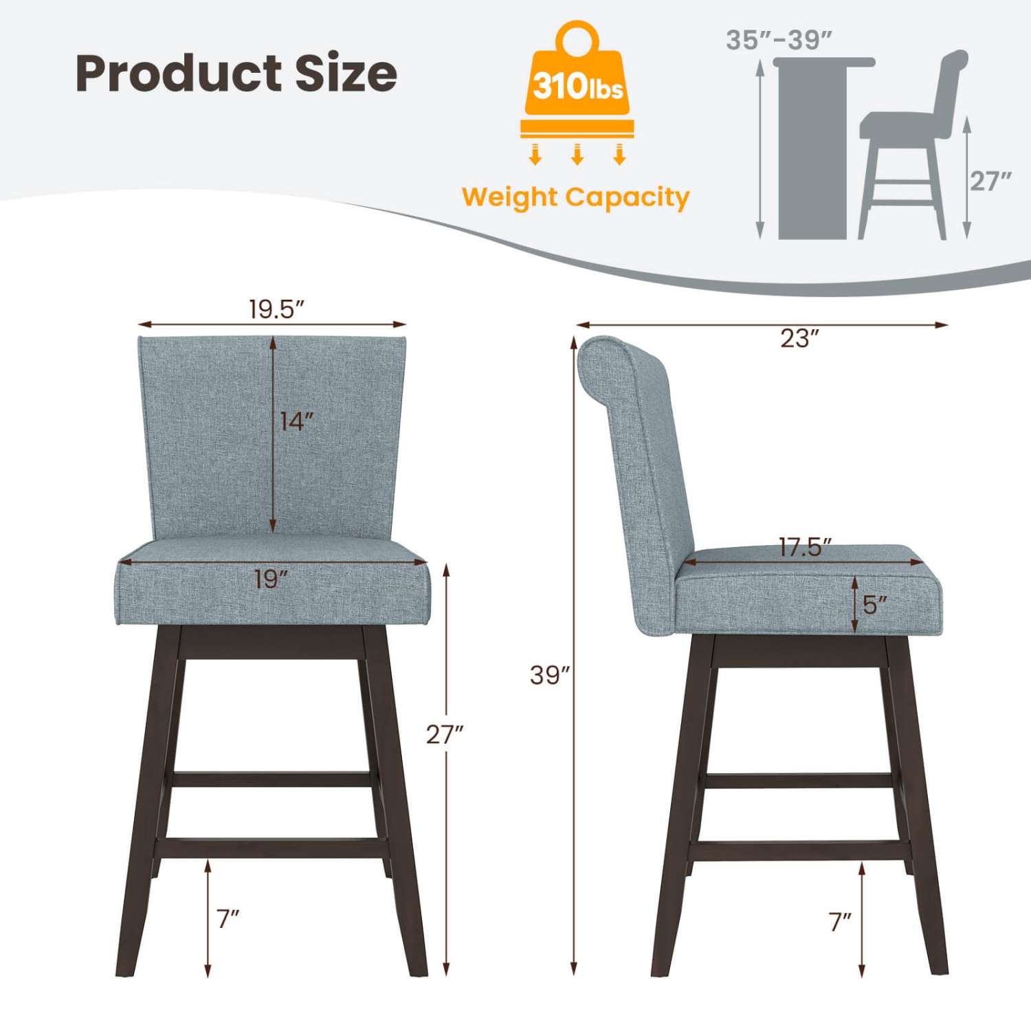 Costway 27" Swivel Bar Stools Set of 4 with Rubber Wood Legs Upholstered Linen Bar Chairs Gray