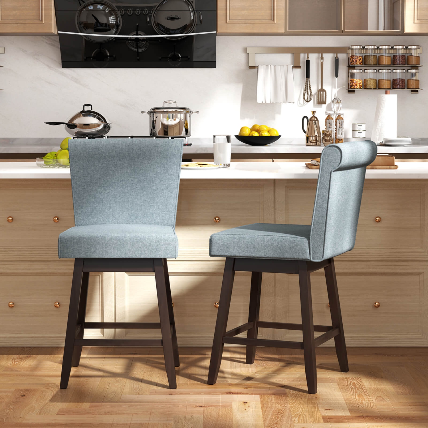 Costway 27" Swivel Bar Stools Set of 4 with Rubber Wood Legs Upholstered Linen Bar Chairs Gray