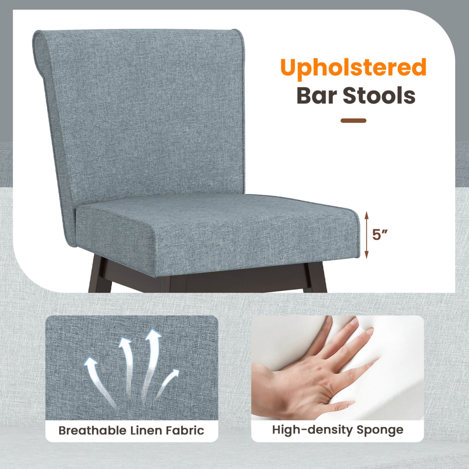 Costway 27" Swivel Bar Stools Set of 4 with Rubber Wood Legs Upholstered Linen Bar Chairs Gray