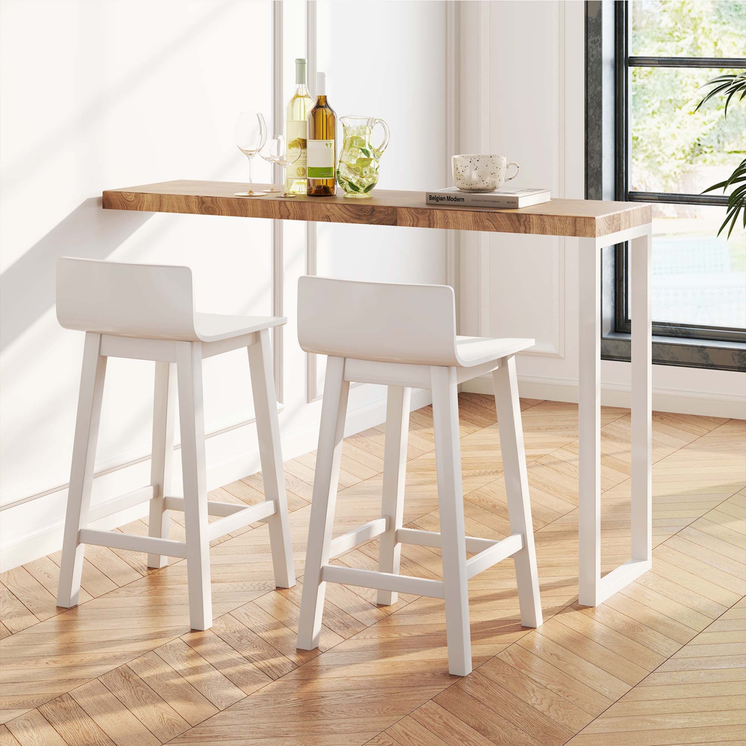 Costway 24.5" Wood Bar Stools Set of 2 with Solid Back & Seat Mid Century Bar Chairs Brown/Black/White