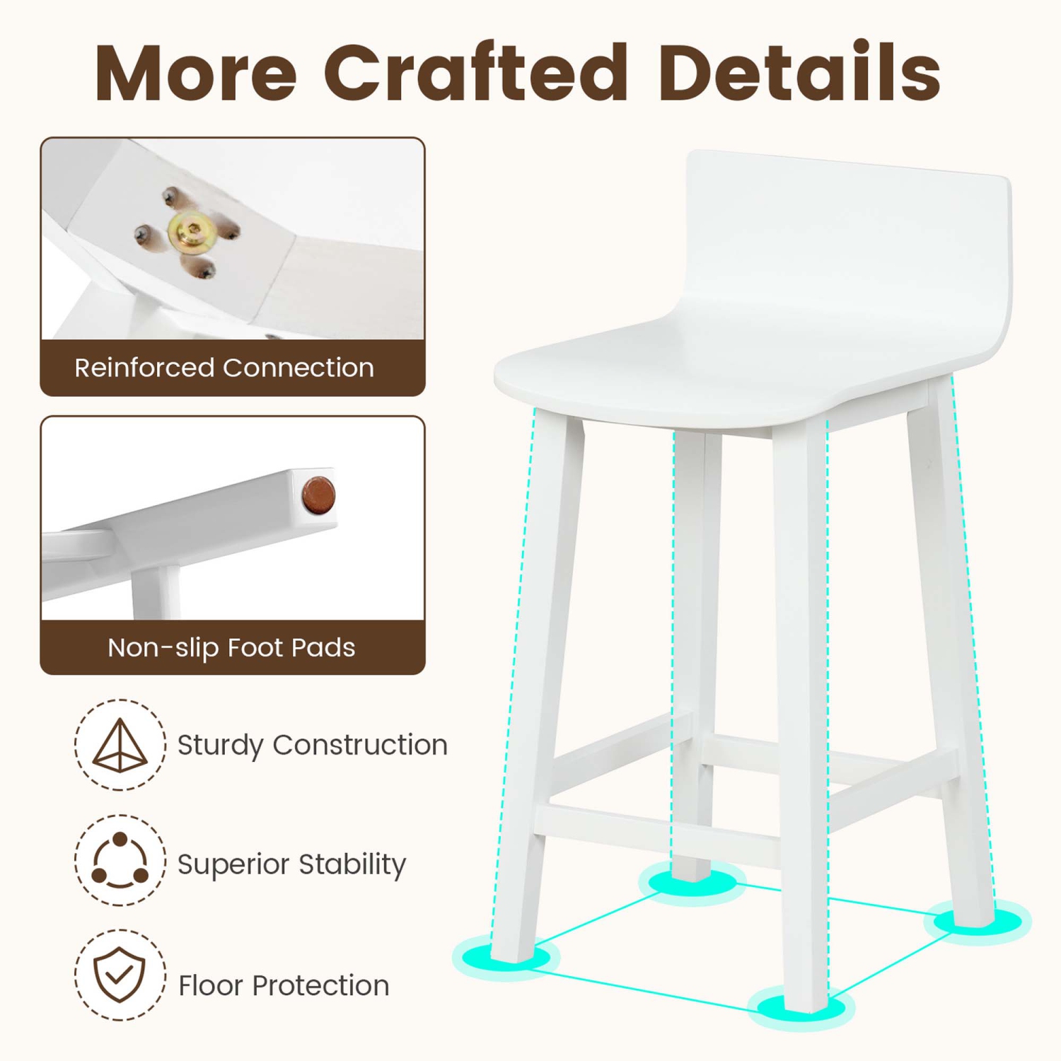 Costway 24.5" Wood Bar Stools Set of 2 with Solid Back & Seat Mid Century Bar Chairs Brown/Black/White