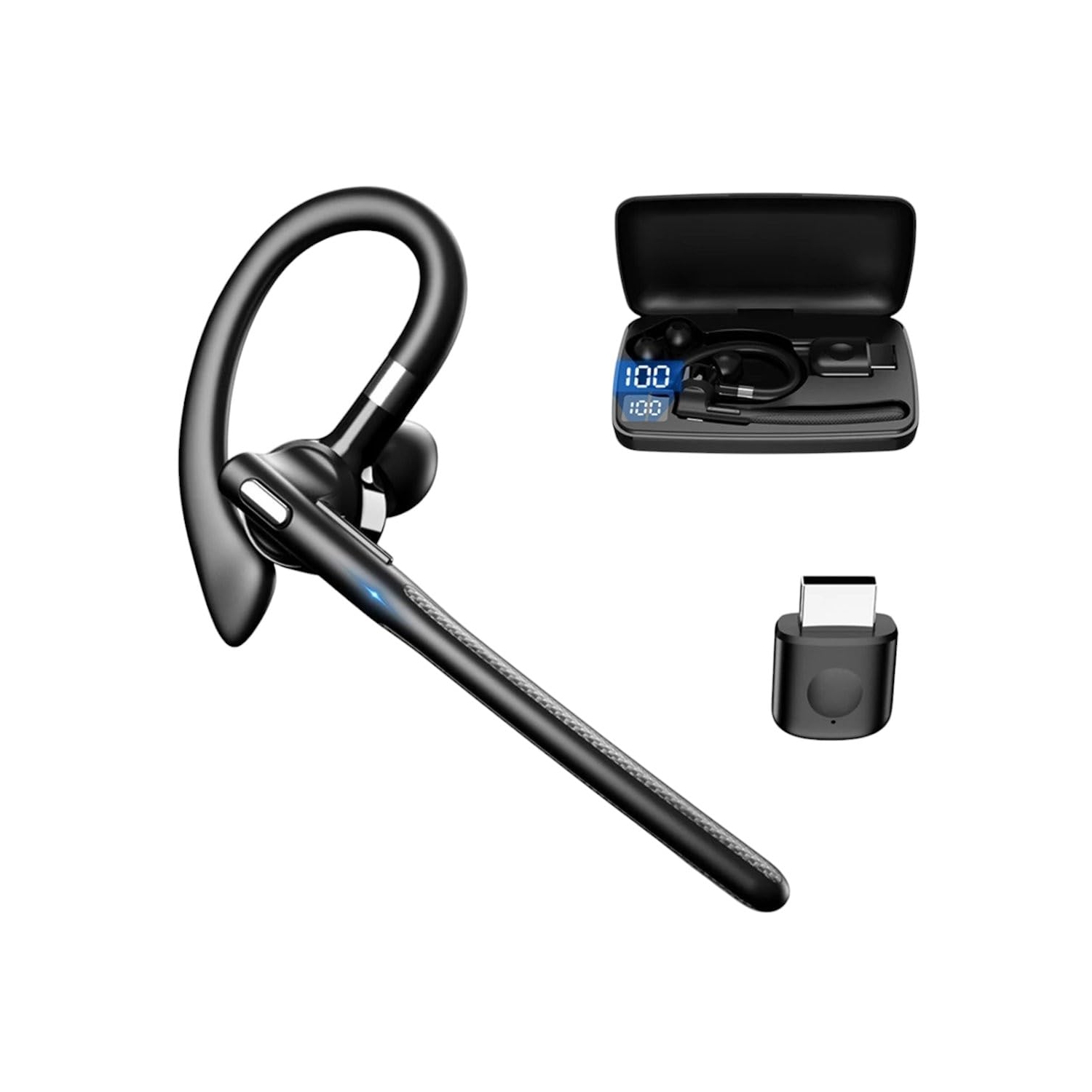 Casque d'écoute Bluetooth à une oreille, casque d'écoute professionnel sans fil à suppression du bruit et mains libres pour iPhone Laptop