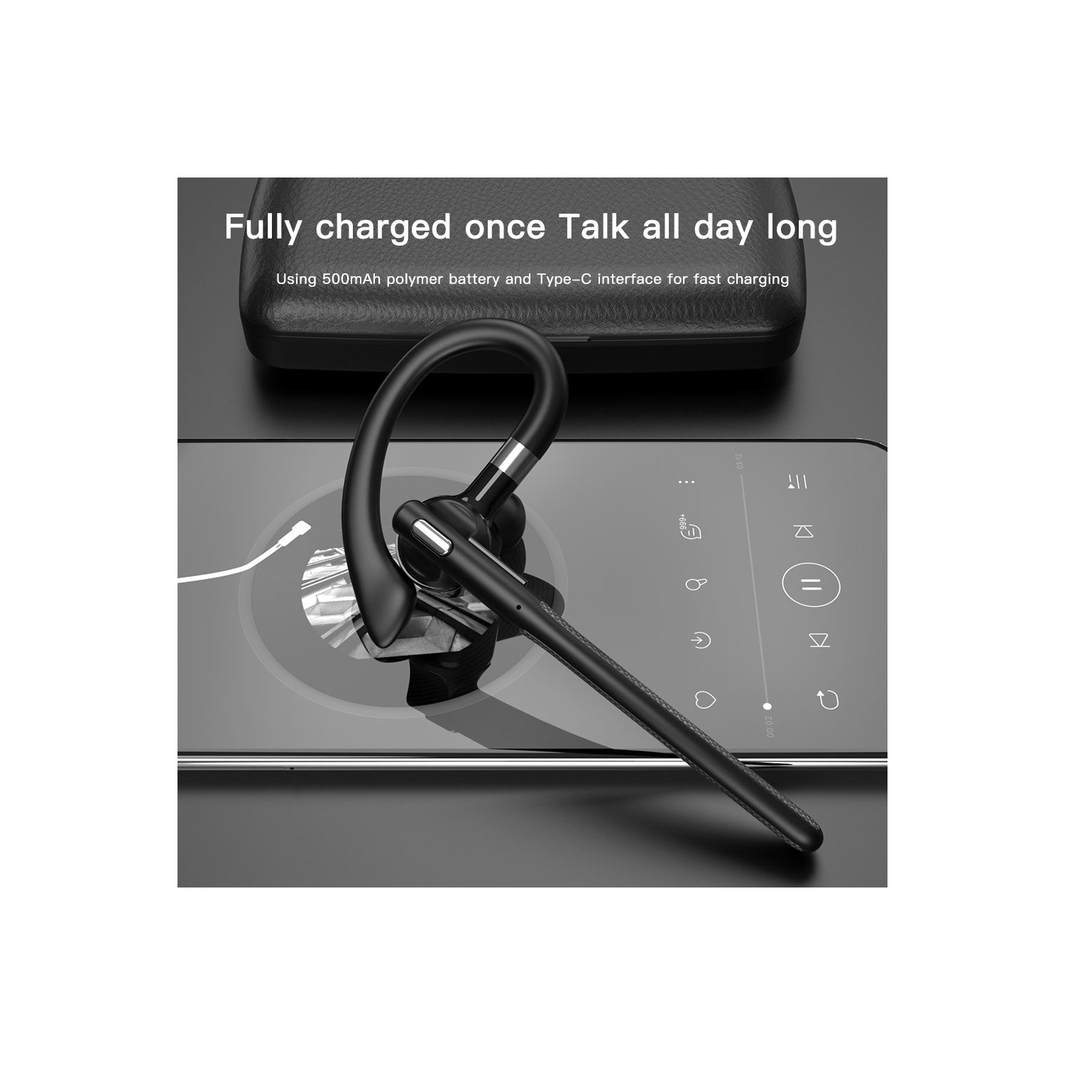 Casque d'écoute Bluetooth à une oreille, casque d'écoute professionnel sans fil à suppression du bruit et mains libres pour iPhone Laptop