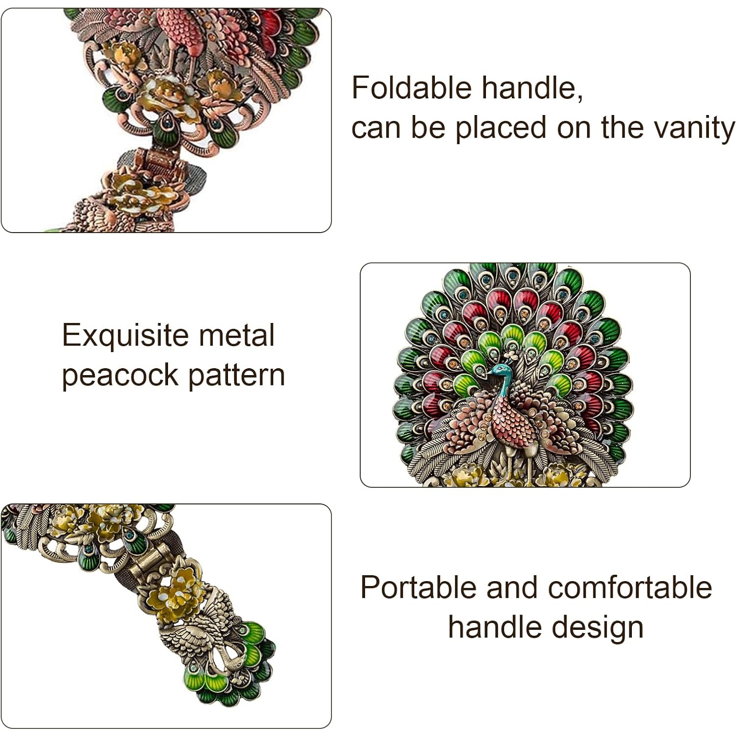 Miroir à main rétro, miroir d'habillage, miroir de voyage pliant antique en forme de paon, miroir portatif ajustable en relief, miroir décoratif