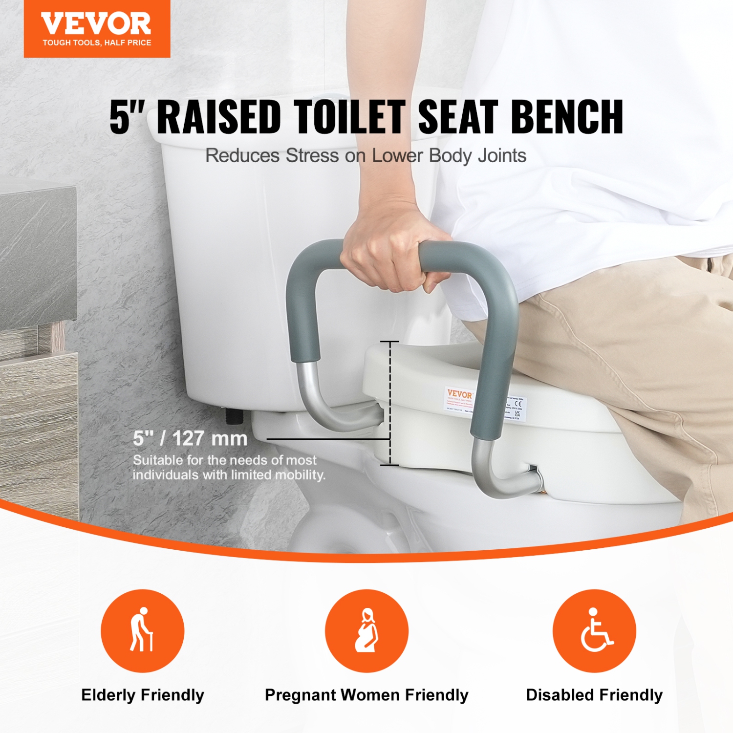 VEVOR Raised Toilet Seat, 5" Height Raised, 350 lbs Weight Capacity, for Round and Elongated Toilet, Twist Lock Installation,19.1"-21.7" Adjustable