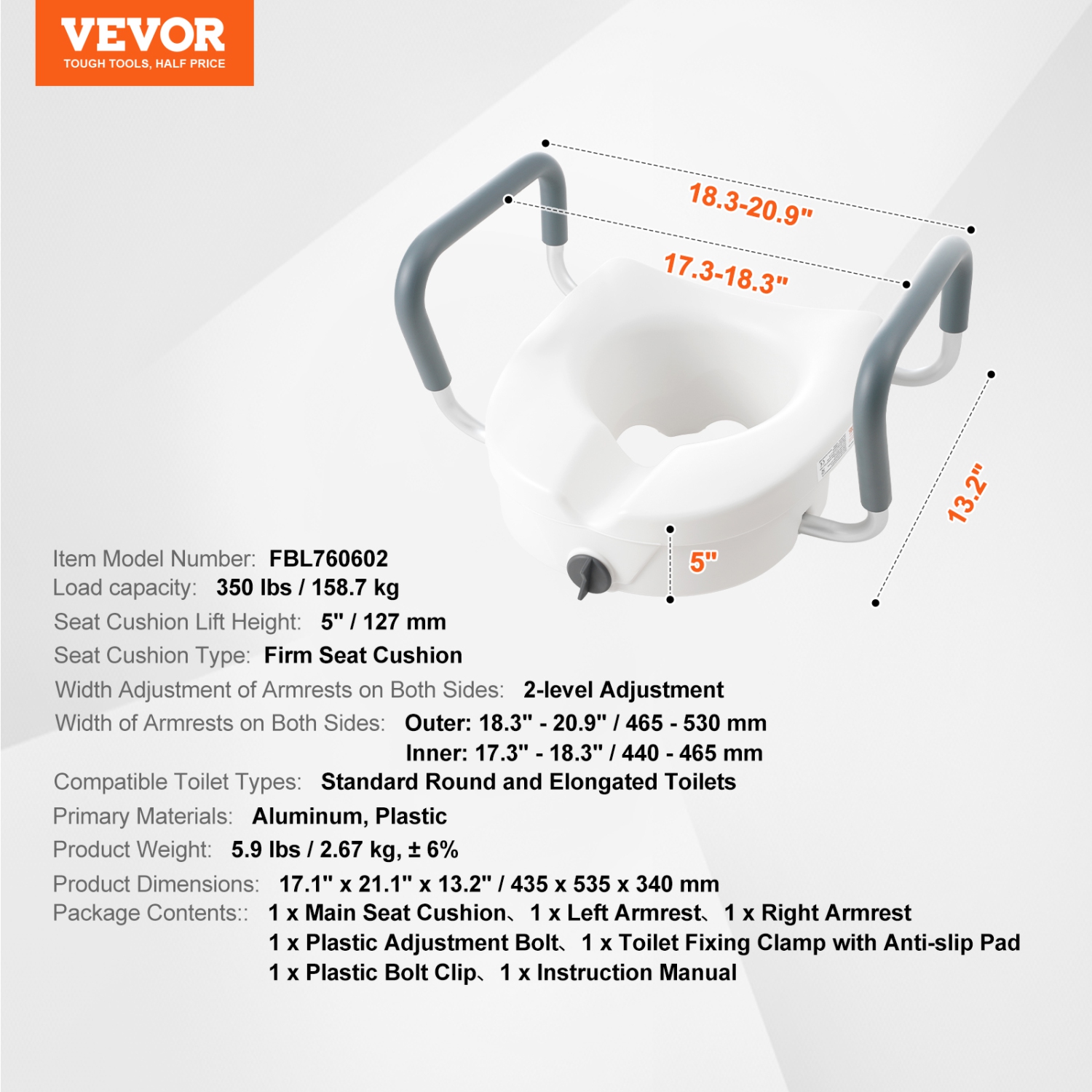 VEVOR Raised Toilet Seat, 5" Height Raised, 350 lbs Weight Capacity, for Round and Elongated Toilet, Twist Lock Installation,19.1"-21.7" Adjustable