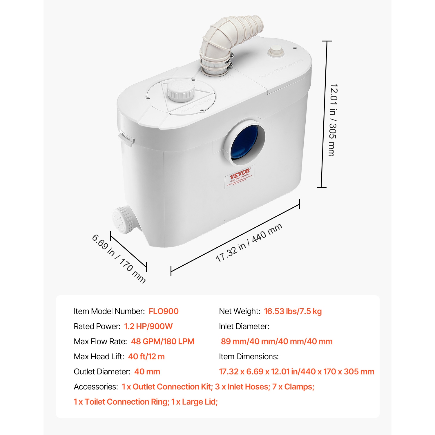 VEVOR 900W Macerator Pump, 48 GPM Flow, 40 ft/12 m Head, Macerator Sewerage Toilet Pump with 4 Water Inlets, Waste Water Disposal Upflush Machine for